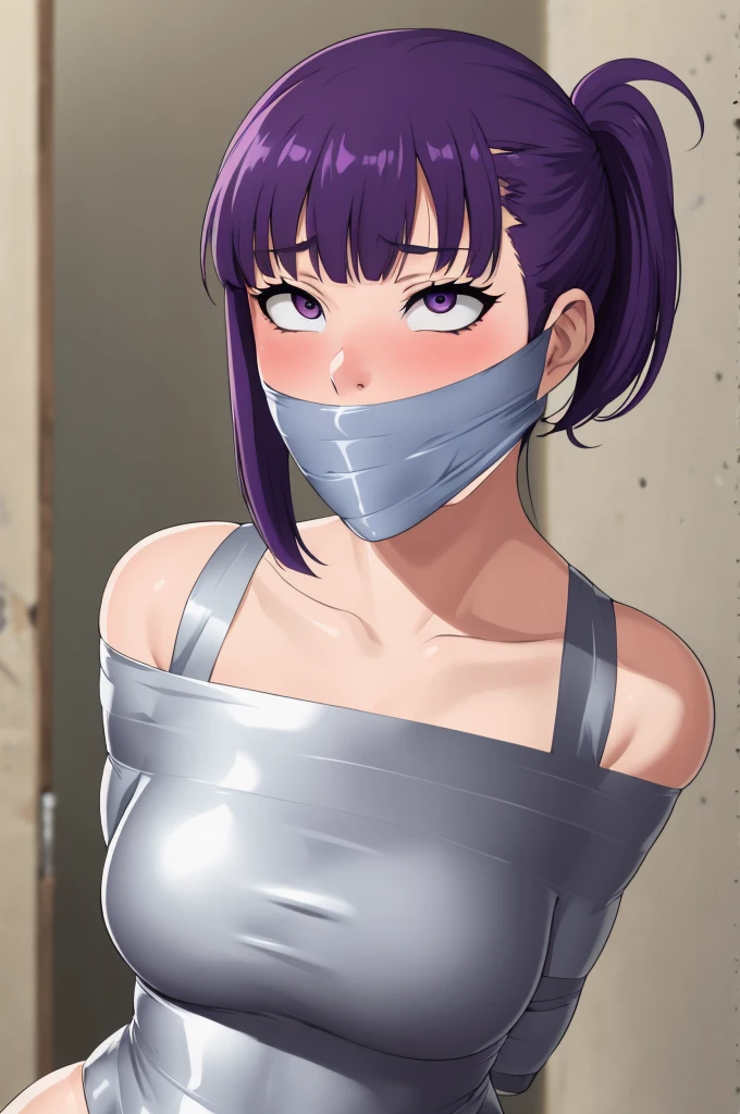1 girl, purple hair, ponytail, improvised gag, tape gag, gagged, duct tape, tape bondage, arms behind back, bound arms, shirt, skirt, blush