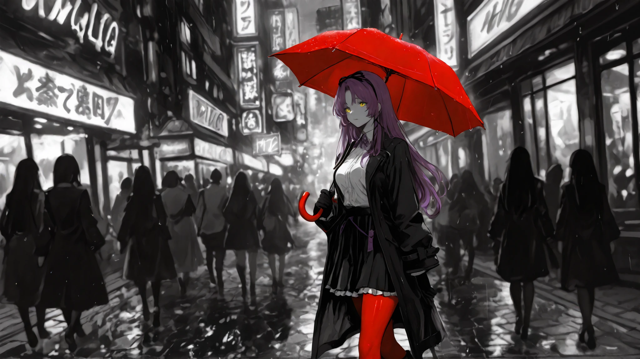 masterpiece, high quality, ultra-detailed, 1 girl, walking pose, modern shopping district, monochromatic grayscale, selective color emphasis, red umbrella popping with color, casual fashion, knee length pleated skirt, fitted blazer, medium length hair flowing with movement, shop windows reflection, neon signs in background, wet pavement reflecting lights, crowd in background, urban atmosphere, evening lighting, light rain, city lights, japanese street fashion, walking with confidence, depth of field blur, reflective surfaces, dramatic lighting, street photography style, photorealistic, detailed reflections, volumetric lighting, ambient occlusion, high contrast blacks and whites, film grain texture, cinematic composition, rule of thirds, urban exploration, Renne Bright, yellow eyes, purple hair, long hair, parted bangs, medium breasts, hair ribbon, frills, black gloves, black coat, white shirt, red pantyhose, black knee boots, short black skirt, tsolug, monochrome, greyscale, hatching \(texture\)