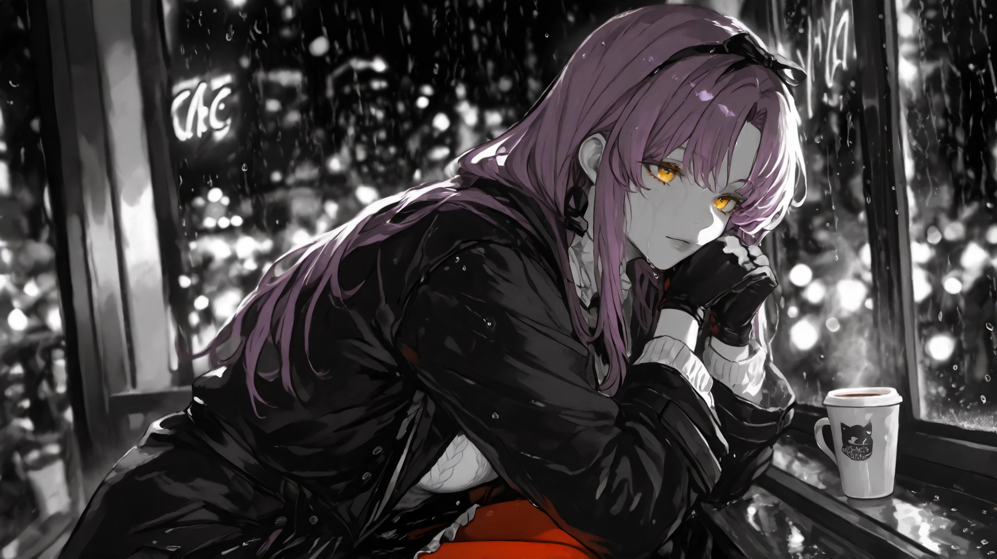 masterpiece, high quality, ultra-detailed, 1 girl, indoor cafe scene, monochromatic grayscale, selective color emphasis, blue raindrops on window glass in color, sitting by large window, chin resting on hand, reflective expression, cozy sweater, steam rising from hot coffee cup, cafe interior dark and moody, neon signs from outside reflecting on wet window, city lights blurred through rain, water droplets creating patterns, comfortable sitting pose, warm interior lighting versus cool exterior, cafe tables and chairs silhouettes, bokeh effects through wet glass, condensation on window, dramatic contrast, melancholic atmosphere, film grain texture, soft interior lighting, photorealistic style, depth of field blur, volumetric lighting, reflective surfaces, cinematic composition, Renne Bright, yellow eyes, purple hair, long hair, parted bangs, medium breasts, hair ribbon, frills, black gloves, black coat, white shirt, red pantyhose, black knee boots, short black skirt, tsolug, monochrome, greyscale, hatching \(texture\)