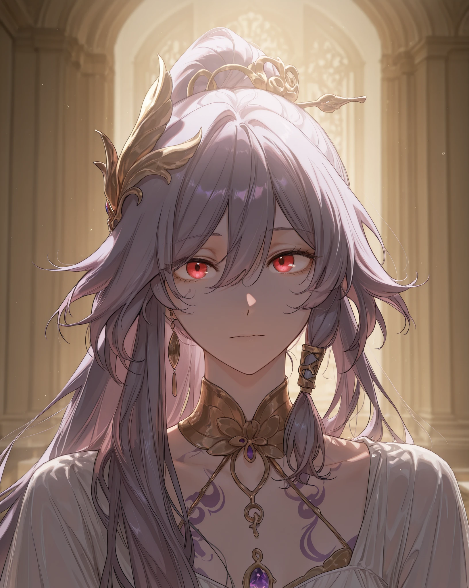 partially covered in shadow,(looking at viewer, portrait shot:1.22),  (medium shot, three quarter shot:1.3), (sharp features, 1boy, 1girl:0.45), solo, masterpiece, best quality, amazing quality, very aesthetic, high resolution, ultra-detailed, (soft shading, soft shadows, volumetric light:1.14), Herrscher of Sentience, Fu Hua, ballroom,graceful, senti, red eyes, golden tattoos, purple tattoos, runes, runic, flowy cloth