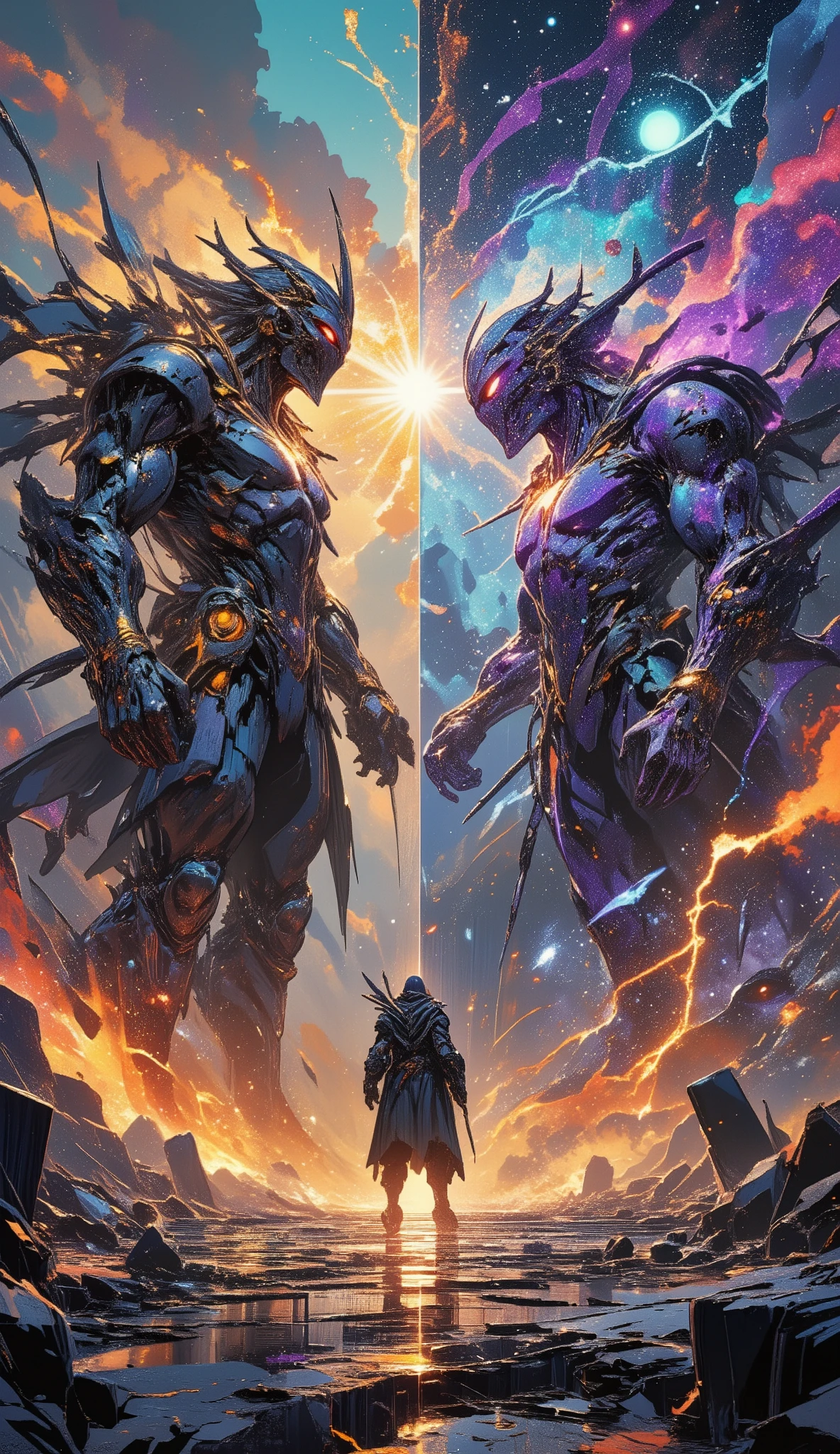 A breathtaking, cinematic, wide-angle shot of a 'Divine Argument' between two primordial deities in the Celestial Realm. The scene is a violent, beautiful clash of cosmic concepts. Deity of Order (Left): A towering figure of polished, geometric obsidian and brilliant white marble, like a living cathedral. Its form is sharp, symmetrical, and radiates a harsh, golden, structured light. It holds a massive, intricate astrolabe that spins violently, casting beams of solid geometry. Deity of Chaos (Right): A magnificent, swirling vortex of nebulae, liquid mercury, and wildfire. Its shape is fluid and ever-changing, with glimpses of eyes and limbs forming and dissolving. It wields a roaring maelstrom of raw, colorful creation and entropy. The Conflict: Their argument is not with words, but with reality itself. The space between them is a tumultuous storm of conflicting physics: From the Order God's side, crystalline structures and perfect mathematical fractals spike into existence. From the Chaos God, the fractals melt into vibrant, living flora and then explode into supernovae of pure color. Lighting: The clash creates a stark divide – one side in harsh, dramatic light and sharp shadows; the other in a chaotic, pulsating aurora of deep purples, electric blues, and fiery oranges. The Ground: They stand on a shattered platform of starry night, which is cracking under the pressure, revealing the void below filled with nascent galaxies. Atmosphere: Hyper-detailed, photorealistic textures with a sense of immense scale and power. Divine, awe-inspiring, and terrifying. Style of Artgerm, Greg Rutkowski, and Aleksi Briclot, with incredible detail and dramatic lighting. 8K resolution.