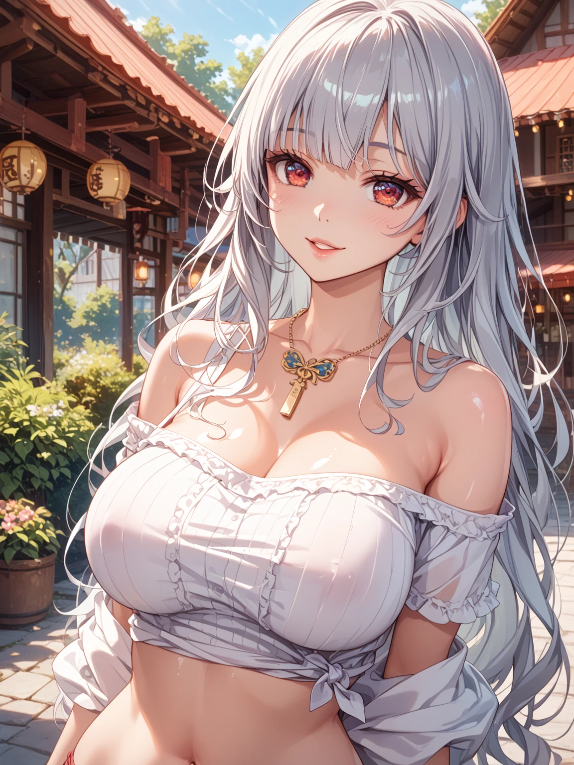 (((masterpiece, best quality))), (((superior quality))), cute girl, ((extremely detailed girl)), ((huge breasts)), yukata, bare shoulders, strapless top, long silver hair, happy