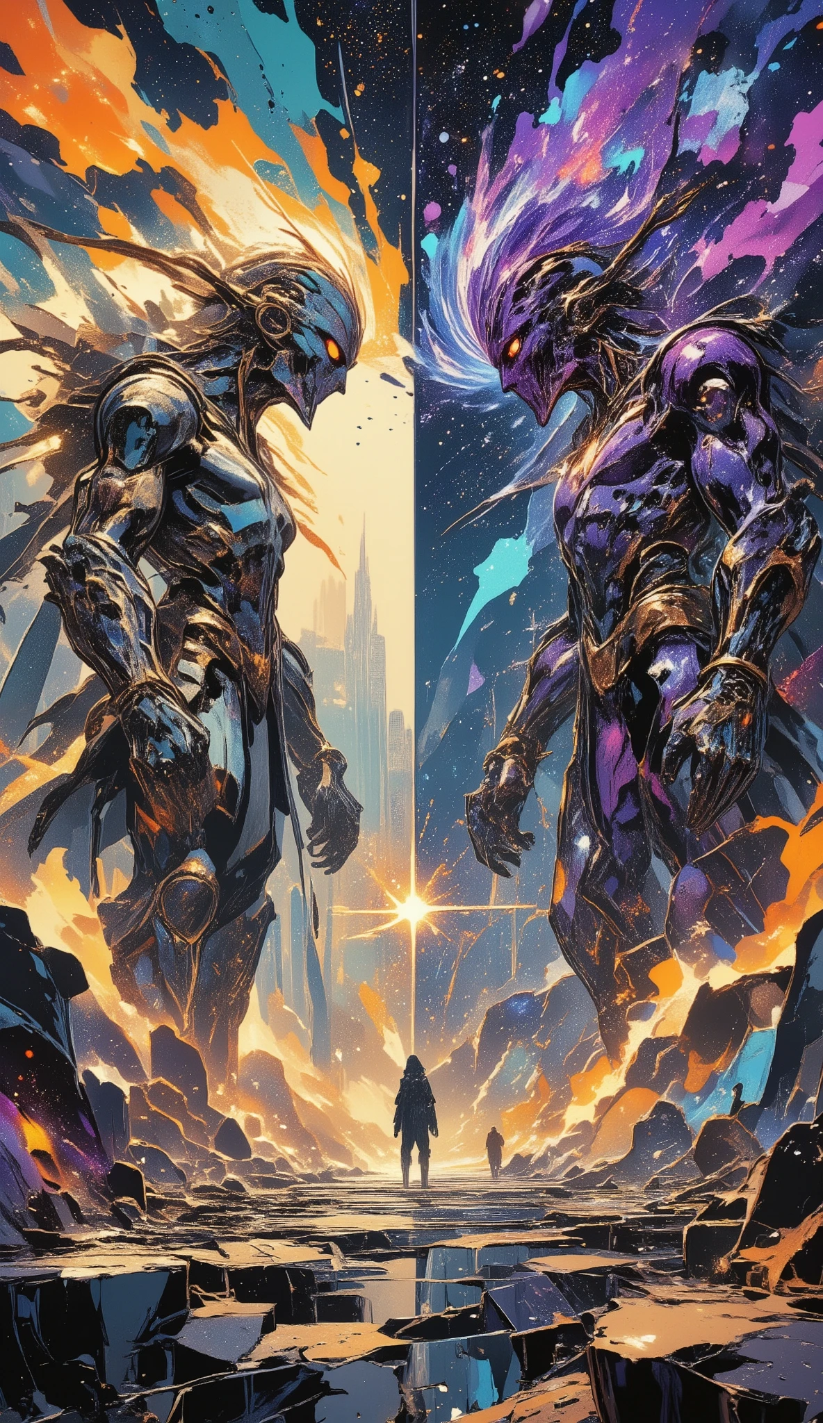 A breathtaking, cinematic, wide-angle shot of a 'Divine Argument' between two primordial deities in the Celestial Realm. The scene is a violent, beautiful clash of cosmic concepts. Deity of Order (Left): A towering figure of polished, geometric obsidian and brilliant white marble, like a living cathedral. Its form is sharp, symmetrical, and radiates a harsh, golden, structured light. It holds a massive, intricate astrolabe that spins violently, casting beams of solid geometry. Deity of Chaos (Right): A magnificent, swirling vortex of nebulae, liquid mercury, and wildfire. Its shape is fluid and ever-changing, with glimpses of eyes and limbs forming and dissolving. It wields a roaring maelstrom of raw, colorful creation and entropy. The Conflict: Their argument is not with words, but with reality itself. The space between them is a tumultuous storm of conflicting physics: From the Order God's side, crystalline structures and perfect mathematical fractals spike into existence. From the Chaos God, the fractals melt into vibrant, living flora and then explode into supernovae of pure color. Lighting: The clash creates a stark divide – one side in harsh, dramatic light and sharp shadows; the other in a chaotic, pulsating aurora of deep purples, electric blues, and fiery oranges. The Ground: They stand on a shattered platform of starry night, which is cracking under the pressure, revealing the void below filled with nascent galaxies. Atmosphere: Hyper-detailed, photorealistic textures with a sense of immense scale and power. Divine, awe-inspiring, and terrifying. Style of Artgerm, Greg Rutkowski, and Aleksi Briclot, with incredible detail and dramatic lighting. 8K resolution.