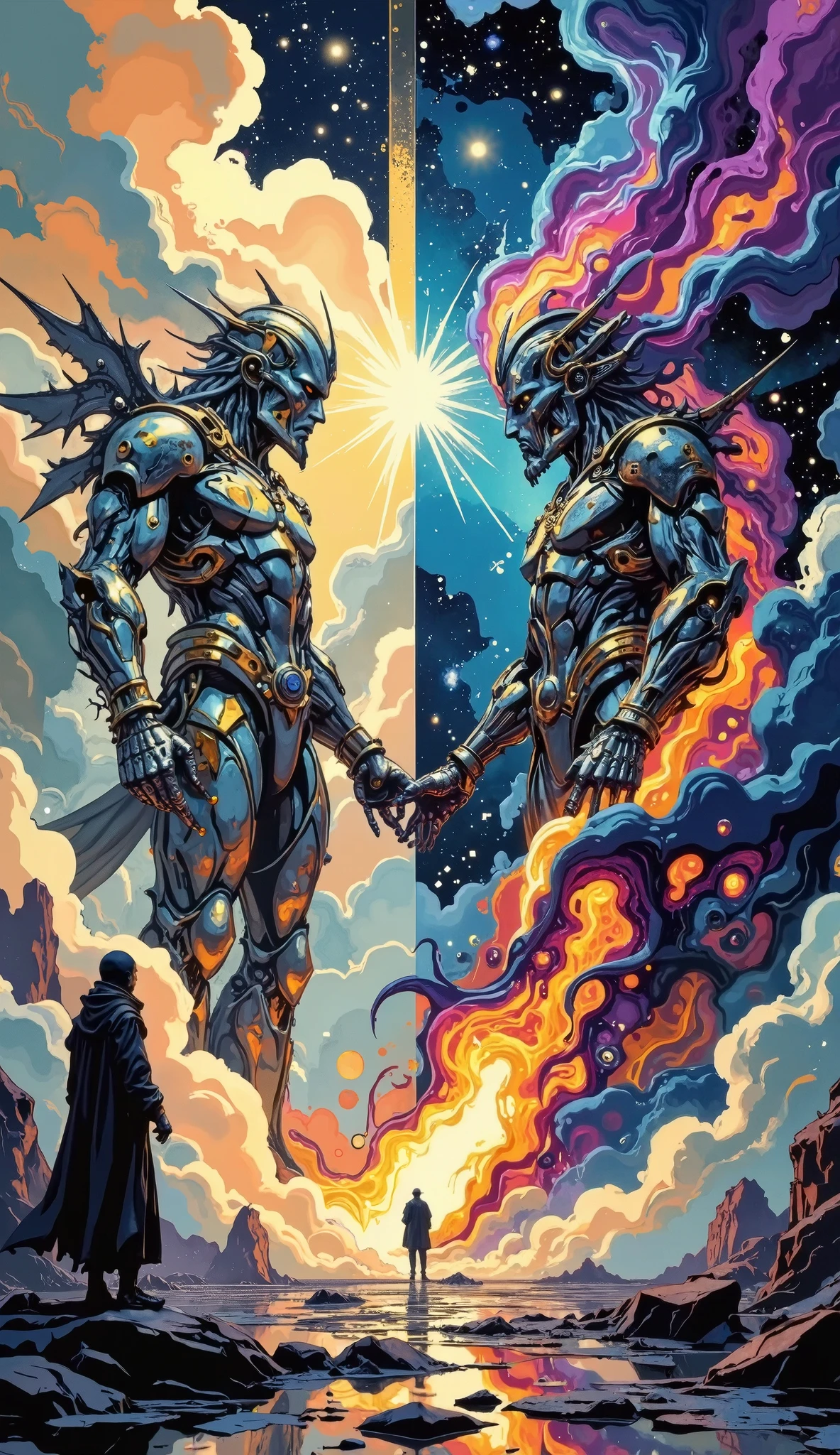 A breathtaking, cinematic, wide-angle shot of a 'Divine Argument' between two primordial deities in the Celestial Realm. The scene is a violent, beautiful clash of cosmic concepts. Deity of Order (Left): A towering figure of polished, geometric obsidian and brilliant white marble, like a living cathedral. Its form is sharp, symmetrical, and radiates a harsh, golden, structured light. It holds a massive, intricate astrolabe that spins violently, casting beams of solid geometry. Deity of Chaos (Right): A magnificent, swirling vortex of nebulae, liquid mercury, and wildfire. Its shape is fluid and ever-changing, with glimpses of eyes and limbs forming and dissolving. It wields a roaring maelstrom of raw, colorful creation and entropy. The Conflict: Their argument is not with words, but with reality itself. The space between them is a tumultuous storm of conflicting physics: From the Order God's side, crystalline structures and perfect mathematical fractals spike into existence. From the Chaos God, the fractals melt into vibrant, living flora and then explode into supernovae of pure color. Lighting: The clash creates a stark divide – one side in harsh, dramatic light and sharp shadows; the other in a chaotic, pulsating aurora of deep purples, electric blues, and fiery oranges. The Ground: They stand on a shattered platform of starry night, which is cracking under the pressure, revealing the void below filled with nascent galaxies. Atmosphere: Hyper-detailed, photorealistic textures with a sense of immense scale and power. Divine, awe-inspiring, and terrifying. Style of Artgerm, Greg Rutkowski, and Aleksi Briclot, with incredible detail and dramatic lighting. 8K resolution.