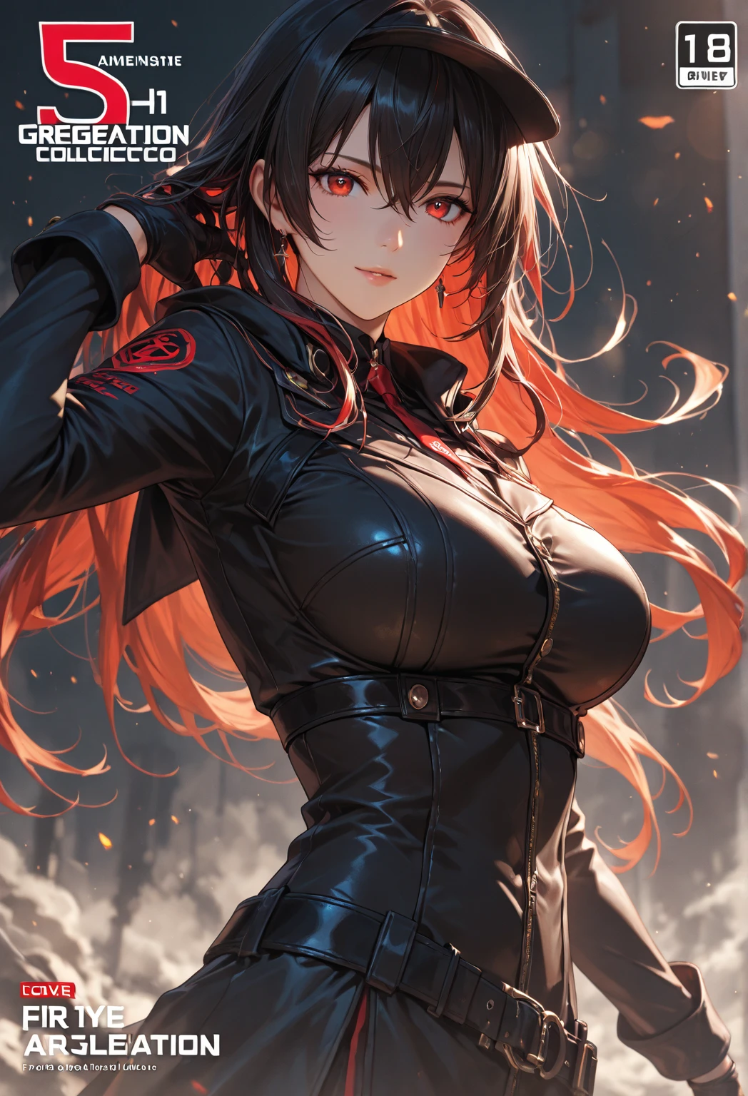 最high quality、best image quality、masterpiece、girl((20-year-old、 By becoming、vest bust、medium bust,wide open breast tea、shining eyes, glowing red hair、long hair、thin,highest valley、red sports bra、Red sports pants,Ruby Earrings、Wristband、black gloves、seductive pose)),high quality、beautiful art、background((inflammation、volcano、magma、eruption、meteorite))、Flight、debris flies、Depth of written boundary、movie、visual art、perfect art、8K,genuine、