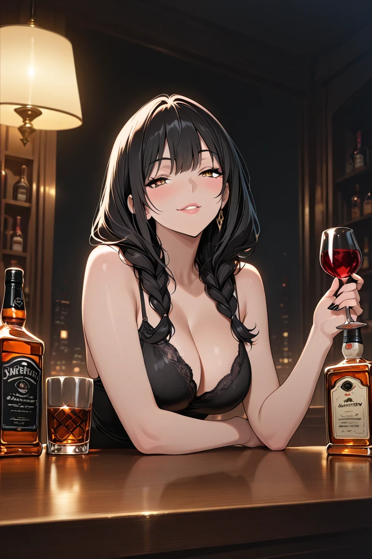 best quality, 4k, high resolution, Masterpiece: 1.2, extremely detailed), sad expression looking at camera, big breasts, 40 year old girl, solo, brunette, fluffy long hair, blue eyes, (drunk, blushing), (sitting, drinking), ((mature sexy body)), black stockings, black off-shoulder dress, holding a glass, counter, bar, (fashionable bar) interior, ((cocktail glass) filled with colorful liquor), (dimly lit room), wine bottle, detailed background, (((night background)))), (((in the bar))), wine, whiskey, highball, (shiny light, effects: 1.2)
