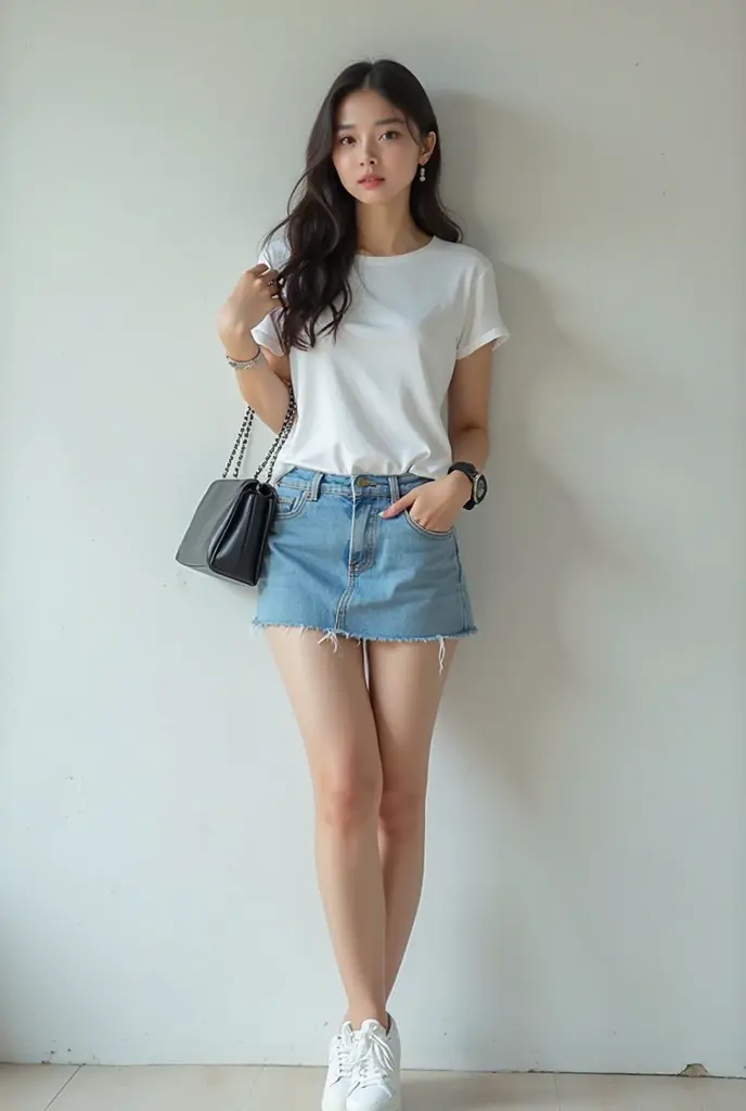 (RAW photogr:1.2), (Photorealistic:1.4), 1girll, 18 years old,adolable,a baby face,The most beautiful girl,Goose egg face,Oval face,Fleshy on the face,Good facial features,Sweet smiling,The smile and the eyes are charming and attractive,Beautiful Meticulous Girl, very detailed eyes and faces, Beautiful detailed eyes, ultra - detailed, A high resolution, The is very detailed,best qualtiy,tmasterpiece,illustratio,The is very detailed,CG,unified,8K wallpapers,finely detailled,tmasterpiece,best qualtiy, Wallpapers,light in face,Movie lighting,nipple tops:White short-sleeved embroidered lace T-shirt,Breathable and lightweight,Add feminine femininity。
Manteau:Light yellow wide-leg cropped blazer,Finished with front buttons,Show youthful vitality。
skirt suit:Dark blue denim A-line skirt,Moderate length,Finished with a pleated design,Showcases vintage charm。
shoe:White flat canvas shoes,Comfortable and versatile,Add a sense of leisure。
Accessories:Brown woven vintage tote,Wear it with a red bow headband,Overall fresh and vintage。,(No leakage),The body is fleshy,(looking to the camera),Black ponytail,hair flowing,Slightly fat 0.8,perfect body figure,Standing position,Medium view,The background is a beautiful view of random different scenes。