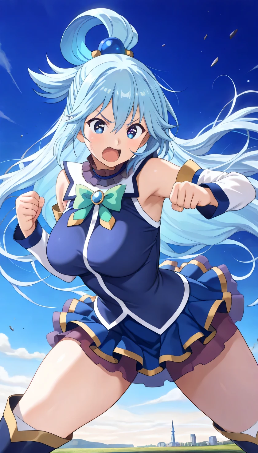 {{{masterpiece}}}, (best quality:1.5), (ultra-detailed:1.5), {illustration}, {{an extremely delicate and beautiful}}, (beautiful detailed eyes:1.6), absurdres, highres, extremely detailed face, 16k, hd, visual anime de uma jovem mulher, extremamente bonito rosto de anime, anime melhor garota, (perfect hands, perfect anatomy), anime face, aqua (konosuba), aquaSDXL, 1girl, cute face, long hair, blue eyes, hair ornament, very long hair, blue hair, half up, bangs, sidelocks, hair rings, hair bobbles, large breasts, big hips, curvaceous, BREAK, blue vest, shirt tuck out, white collar, green bow, bare shoulders, detached sleeves, white sleeves, (blue skirt:1.2), mini skirt, thighhighs, (blue long boots:1.5), thighs, zettai ryouiki, BREAK, solo, open mouth, legs apart, fighting stance, duel, clash, punch, punching viewer by her fist, over action, hair floating, messy hair, flushed cheeks, looking at viewer, outdoor, sky, night, night view, cowboy shot, (dynamic angle:1.3), peer in from below