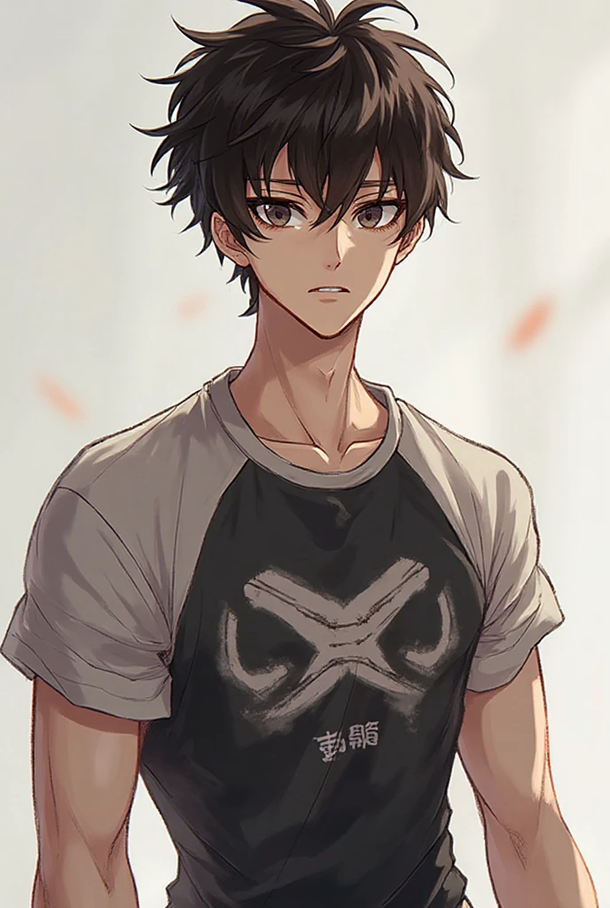 Masterpiece, Perfect face, expressive eyes, he is dressed in a black jacket and black pants, 1boy, male focus, solo, black gloves, gloves, black hair, short hair, clean hair, shirt, pants, purple eyes, tight black tank top,  black pants, looking at viewer, Japan background, , short sleeves, Bleach style, Bleach
