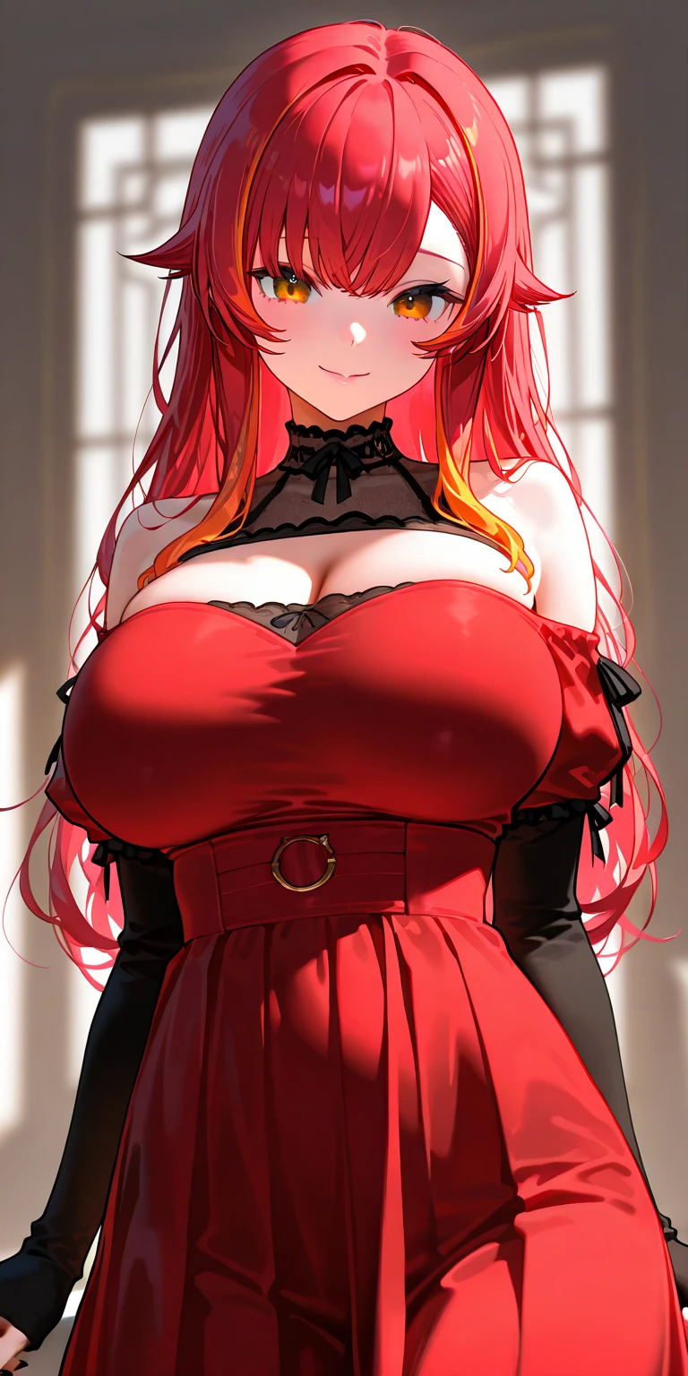 standing,close mouth,looking at viewer,huge breasts،from below,red eyes,cleavage,pale skin, red hair, blood, blood on mouth, white clothes, knife, bloody knife