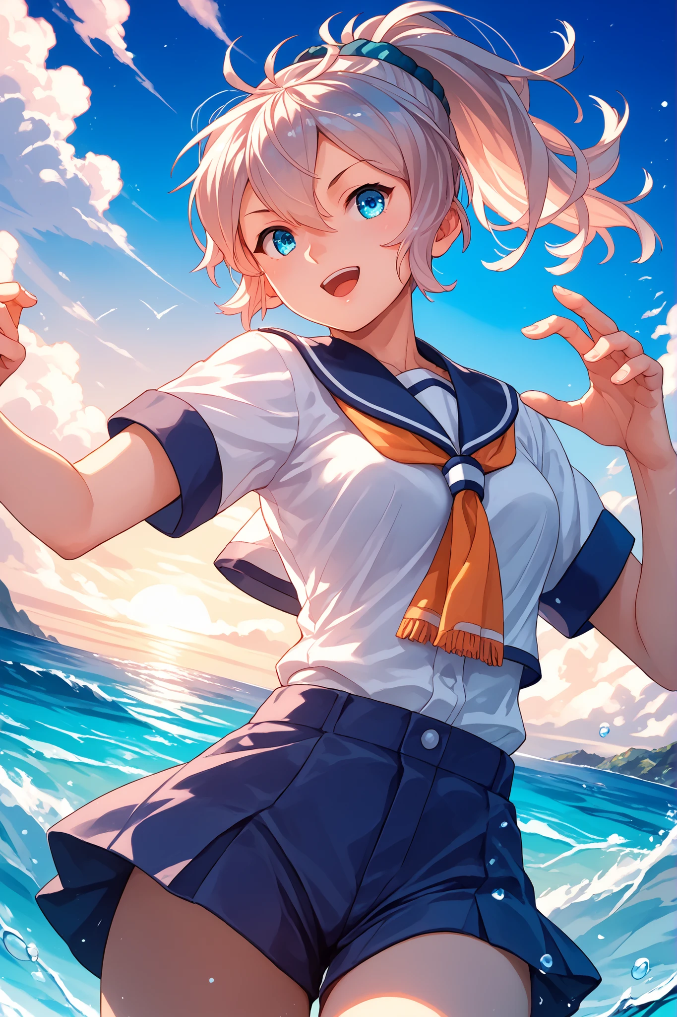 Aoba from Kantai Collection, background with a calm sea and blue sky, anime style, vibrant colors, highly detailed, sharp lines, official Kantai Collection art style, dynamic pose, soft lighting