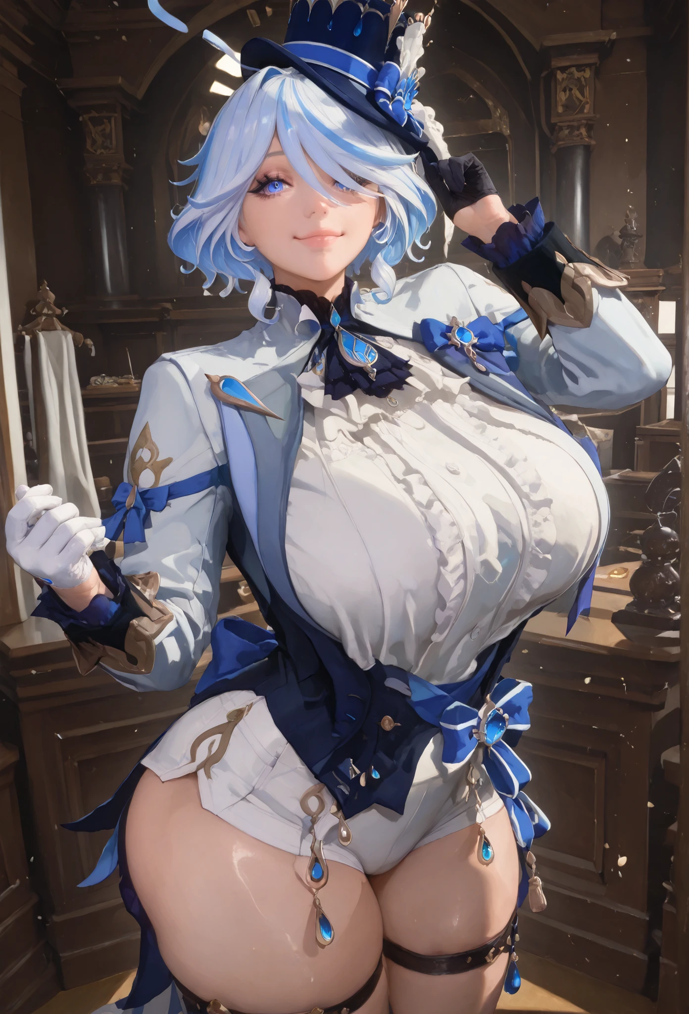 playful, smile, grab a hat, indoors, formal, courtroom,c0rtr00m,asymmetrical gloves, black gloves, frills, gloves, half gloves, hat, shorts, tailcoat, thigh strap, top hat, white gloves, white shorts,furina, blue eyes, blue hair, cowlick, ahoge, hair over one eye, light blue hair, short hair,mamimi, beautiful elegant faces, , wide , huge , thick legs, thick arms, look at the viewer, eyes fully visible, fully cloth, (8k , top quality , masterpiece) , (realistic , raw photo , super fine clear), make up, mascara, eyeshadow,