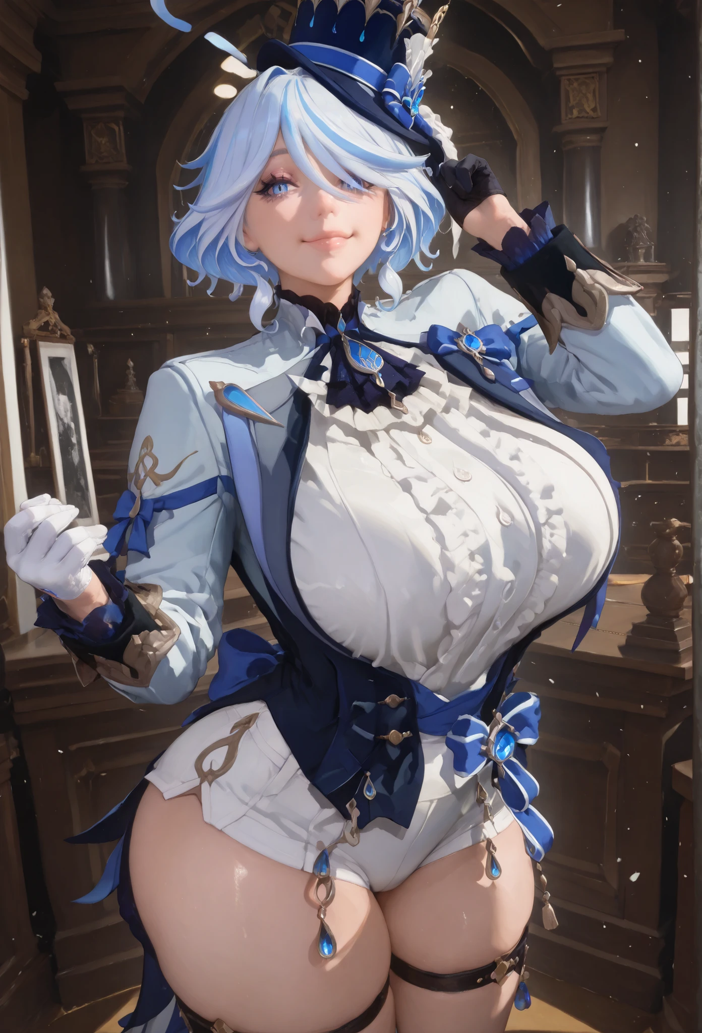 playful, smile, grab a hat, indoors, formal, courtroom,c0rtr00m,asymmetrical gloves, black gloves, frills, gloves, half gloves, hat, shorts, tailcoat, thigh strap, top hat, white gloves, white shorts,furina, blue eyes, blue hair, cowlick, ahoge, hair over one eye, light blue hair, short hair,mamimi, beautiful elegant faces, , wide , huge , thick legs, thick arms, look at the viewer, eyes fully visible, fully cloth, (8k , top quality , masterpiece) , (realistic , raw photo , super fine clear), make up, mascara, eyeshadow,
