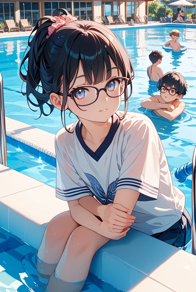 girl, short brown hair, glasses, swimming class