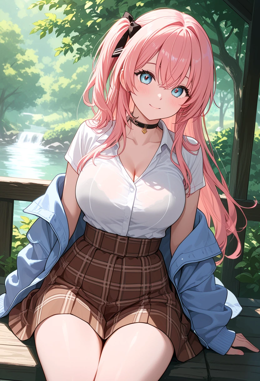 (masterpiece:1.3, top-quality, ultra high res, ultra detailed), (cleavage:1.4),(realistic, photorealistic:1.4), beautiful illustration, perfect lighting, natural lighting, colorful, depth of fields, surrealism, (embarrassed,blush:1.3),
beautiful detailed hair, beautiful detailed face, beautiful detailed eyes, beautiful clavicle, beautiful body, beautiful chest, beautiful thigh, beautiful legs, beautiful fingers, shiny skin,
looking at viewer, 1 girl, japanese, high school girl, (perfect anatomy, anatomically correct, super detailed skin), cute and symmetrical face, babyface, perfect face, perfect eyes,
(middle hair, two side up, pink hair), crossed bangs, purple eyes, drooping eyes, big eyes, long eyelashes, (large breasts, seductive thighs, skindentation), slender, outstanding style,
((detailed cloth texture, white collared shirt, blue pleated skirt, dark red neck ribbon), black thigh-highs, loafer),
(beautiful scenery), late afternoon,hands on chest, (lovely smile, upper eyes, open mouth small),