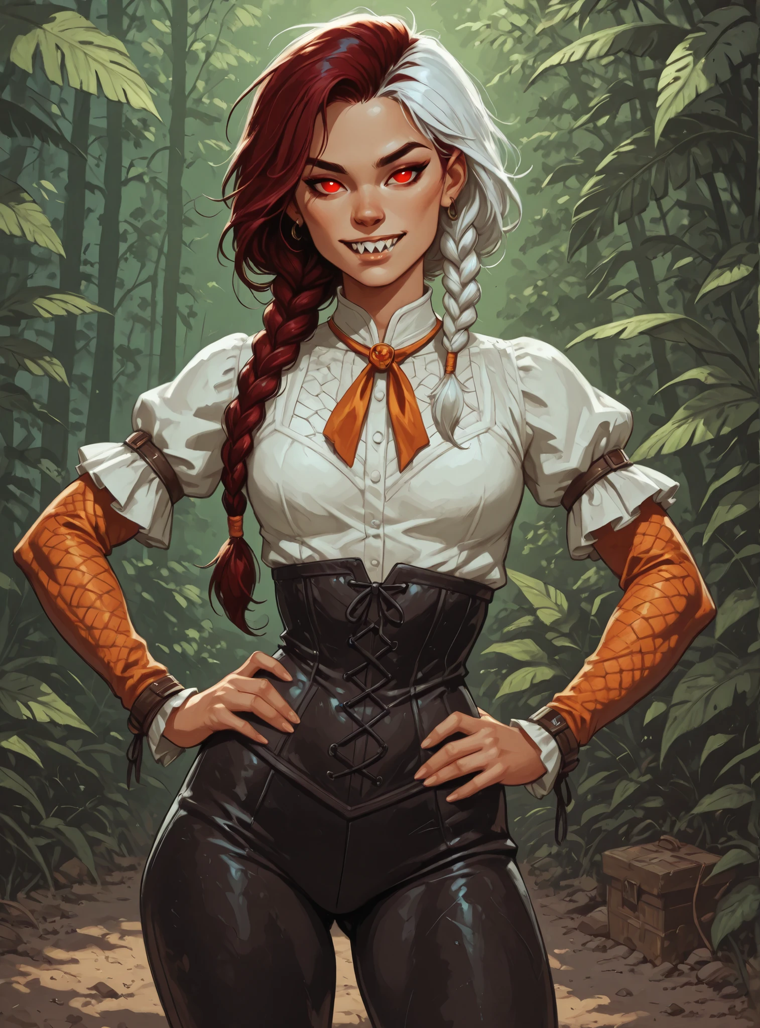 Drawn like the artist Bob Kehl. Phaedra from Fortnite with white and dark hair, red eyes, slanted eyes, with sharp teeth, athletic body and abs. Slender and athletic. Cute, round and young face. White highlights in her hair. She wears Aztec black snake-leather outfit with snakeskin-texture. She also wears an amber necklace. She has small . Atmospheric lighting. She looks like Wednesday Adams. Box-art. DnD-art-style, Looking at the viewer. Semi-realistic style.