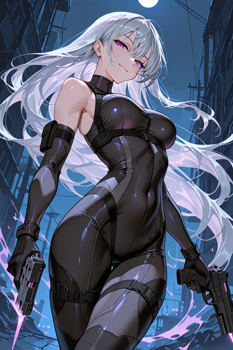 Beautiful girl in black  detailed muscles realistic masterpieces full figure pose (best quality,ultra-detailed), white-haired girl, vibrant blue eyes, high ponytail, fair skin, fit body, slim figure, narrow waist, large buttocks, (confident expression), black  with tights, space between thighs, confident