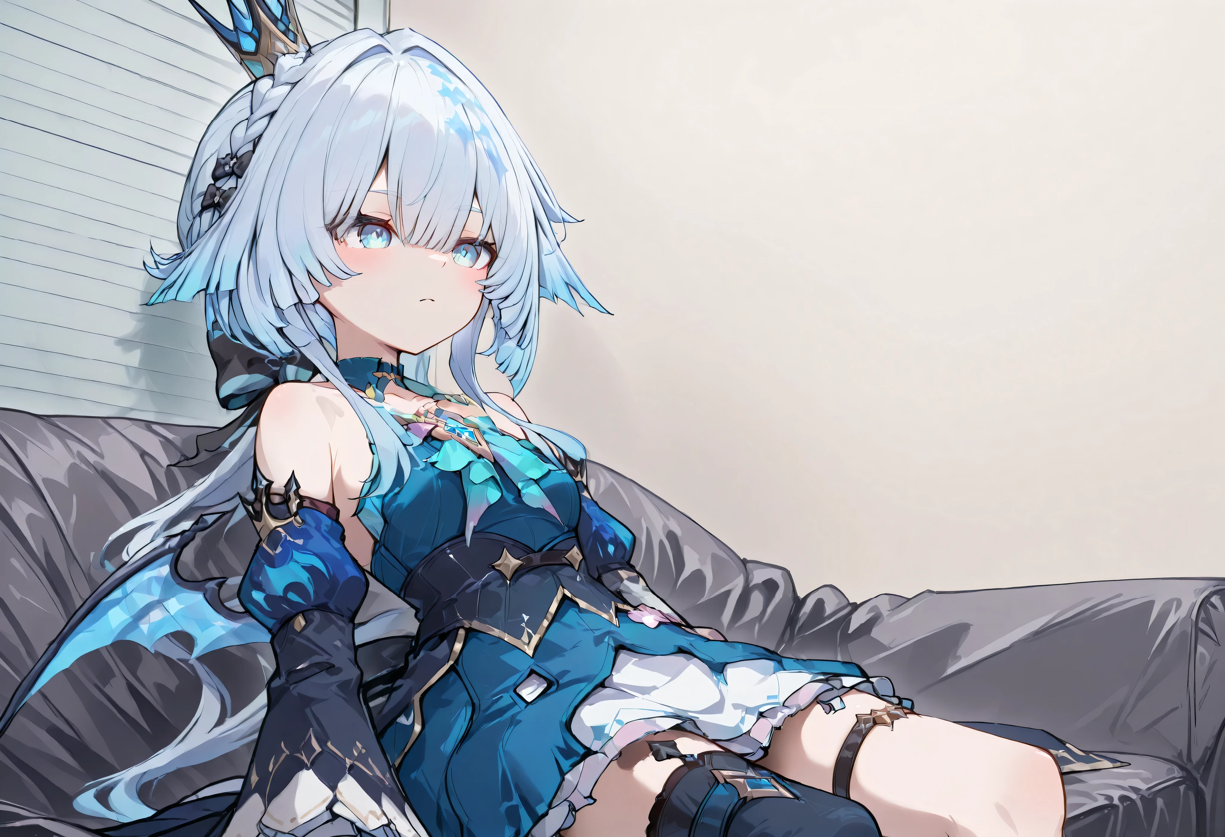 cerydra, blue eyes, bangs, light blue hair, braid, white hair, gradient hair,hair bow, hair ornament, long hair, multicolored hair, low ponytail, short hair with long locks, sidelocks, small breasts,　 　solo, loli,　 I can see my eyebrows from the inside of my hair, hair between eyes,　hair between eyes,　 senpai's interview,sitting,cowboy shot,on couch,indoors,　crown, mini crown, black thighhighs, blue dress, hair bow, black bow, detached sleeves, asymmetrical legwear, frills, bare shoulders, collarbone, thigh strap, thighhighs, blue footwear, high heels, fur trim, single thighhigh, wings,