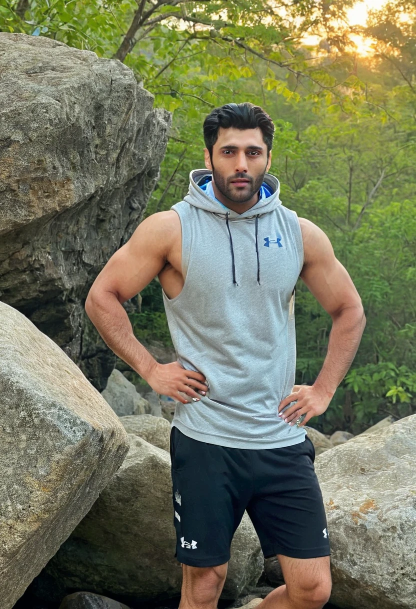 photo of eric bana a man <lora:tusharr-khanna_Eric-Bana:1>, wearing a sleeveless well-fitted under armour hoodie and compression shorts, standing on a boulder, outdoor trail, 35mm photograph, film, bokeh, professional, 4k, highly detailed, creek in the background, natural lighting, golden hour