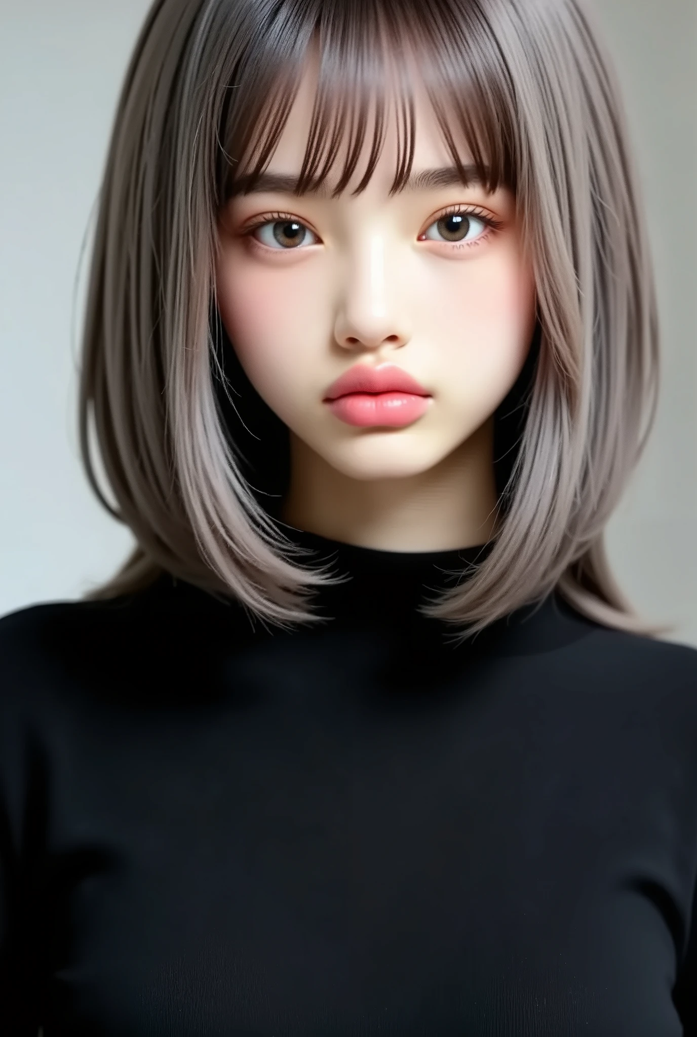 (8k、 realistic 、 Original photo、 Highest Quality : 1 . 4)、( one girl )、 beautiful faces、( Bright Face )、( grey hair:1 . 5)、( medium hair)、 beautiful hairstyle、（ It has a bang on one side、and one eye is hidden：1 . 5）、 realistic eyes、 Beautiful Details、（ realistic Skin）、 beautiful skin、（ black sweater）、 Ridiculous、charm、 is embarrassed 、超A high resolution、 surreal、 high resolution、The golden ratio、 upper body
