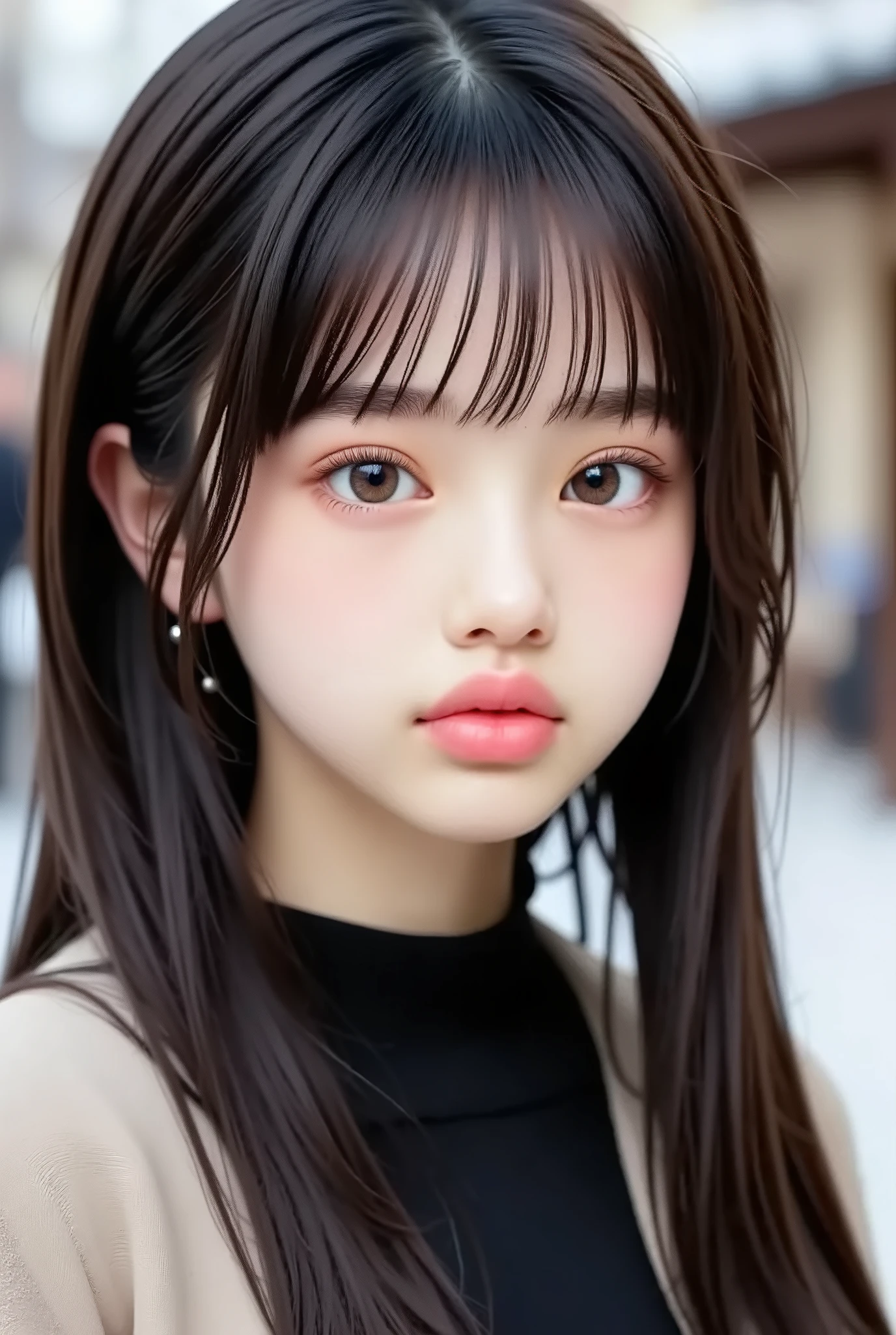 one girls , (a beauty girls , Delicate girls:1 . 3) , (13 years old:1 . 3) , BREAK , (street view:1 . 2) , (winter clothes:1 . 2) , BREAK , very fine resolution , (symmetrical eyes on canon:1 . 3) , BREAK , small  , brown eyes , parted bang , brown hair , girls , BREAK , (Eye and Face Details:1 . 0) , (Close to the face , magnifies her face , Face focus:1 . 0) , BREAK , (masterpiece , Highest Quality , Super Detailed , detailed face , 8k)、from above、earrings、Twin Tails