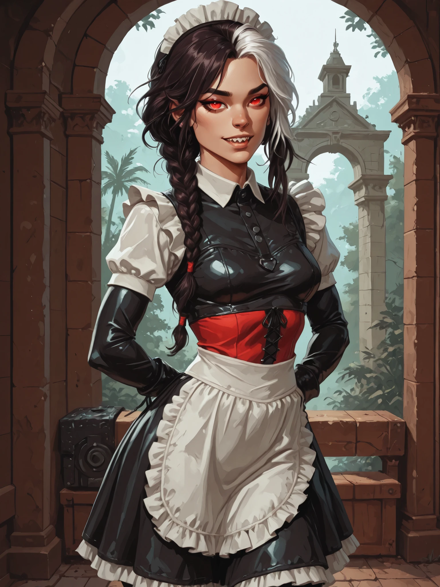 Drawn like the artist Bob Kehl. Phaedra from Fortnite with white and dark hair, red eyes, slanted eyes, with sharp teeth, athletic body and abs. Slender and athletic. Cute, round and young face. White highlights in her hair. She wears Aztec black snake-leather maid-dress with snakeskin-texture. She also wears an amber necklace. She has small . Atmospheric lighting. She looks like Wednesday Adams. Box-art. DnD-art-style, Looking at the viewer. Semi-realistic style.