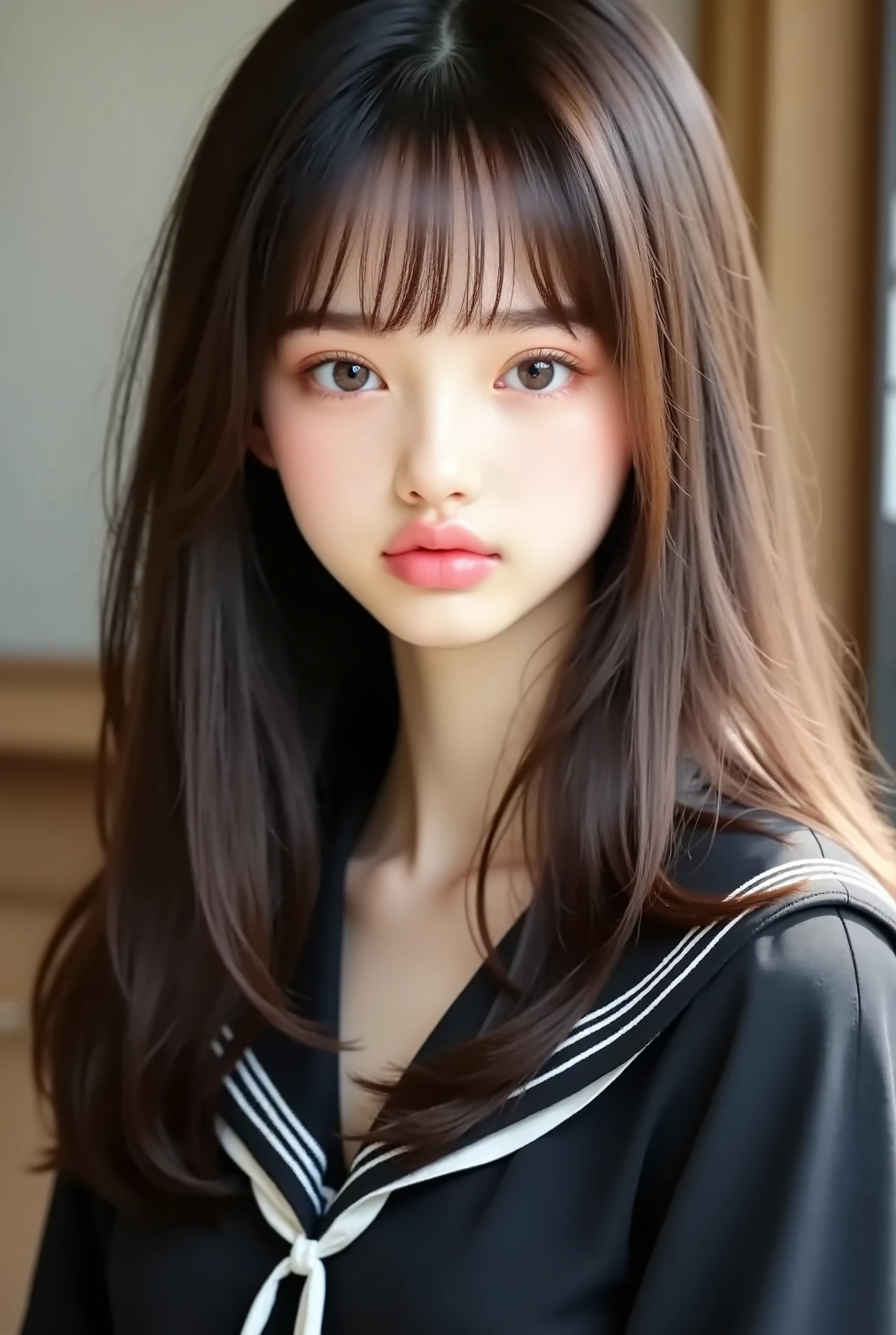 1 girl , BIG BREASTS、Photos before the prestigious S High School 、 high school girl 、(Wearing a sailor suit:1 . 2) , ( Original photo , Highest Quality) , ( realistic , realistic :1 . 4) , table top right in front of me , Very Delicate and Beautiful , very detailed , 2k wallpaper , Wonderful , fine , very detailed CG Unそれy 8K 壁紙 , very detailed , High Precision , Soft Light , beautiful detailed girl , very detailed目と顔 , beautiful and sophisticated nose promenade , fineて美しい目 , Movie Lighting , perfect  , slender body , I was nervous ., straight semi-long hair , Bang , watching the audience , smile . medium  .
