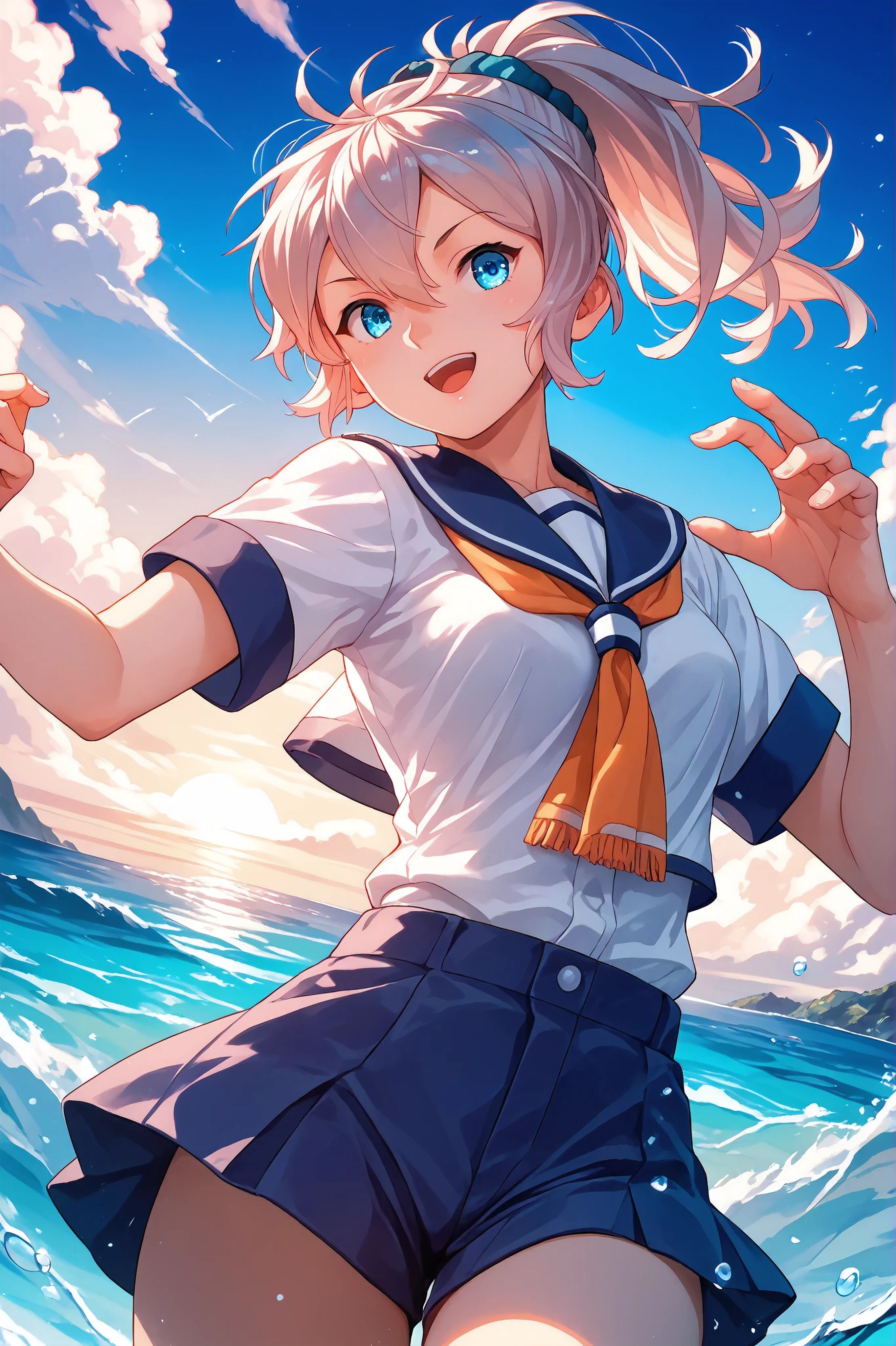 Aoba from Kantai Collection, background with a calm sea and blue sky, anime style, vibrant colors, highly detailed, sharp lines, official Kantai Collection art style, dynamic pose, soft lighting