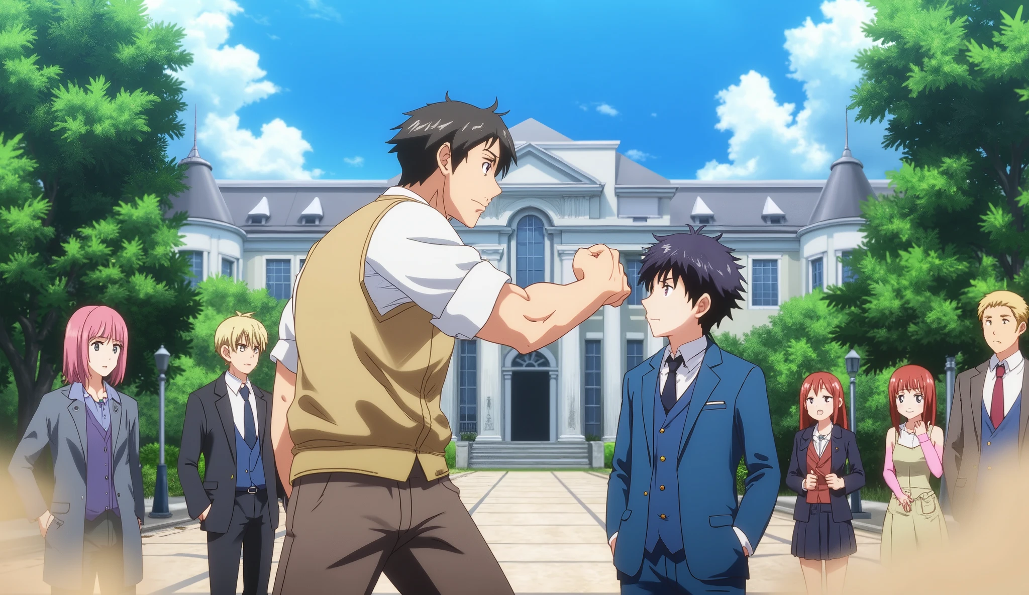 "Create an anime-style high school courtyard scene. In the foreground, a tall, muscular male student in a beige vest and rolled-up sleeves is frozen mid-punch, his fist pressed against the cheek of a calm, dark-haired boy in a blue school blazer. The dark-haired boy has a completely bored and uninterested expression, hands casually in his pockets, showing no emotional reaction to the hit. Around them, several students react with shock and surprise — a pink-haired girl on the right side has wide eyes and an open mouth in disbelief, a short-haired girl beside her looks stunned, while another girl with long red hair watches tensely. A blonde boy stands in the background, observing silently, and another student near the center looks confused by the scene. The background should depict an elegant school courtyard with a grand building and blue sky, resembling an elite academy. Add dynamic action effects like dust clouds around the attacker’s feet to emphasize motion, but keep the dark-haired boy perfectly still and unshaken. The image should resemble a dramatic anime screenshot filled with tension and surprise."
