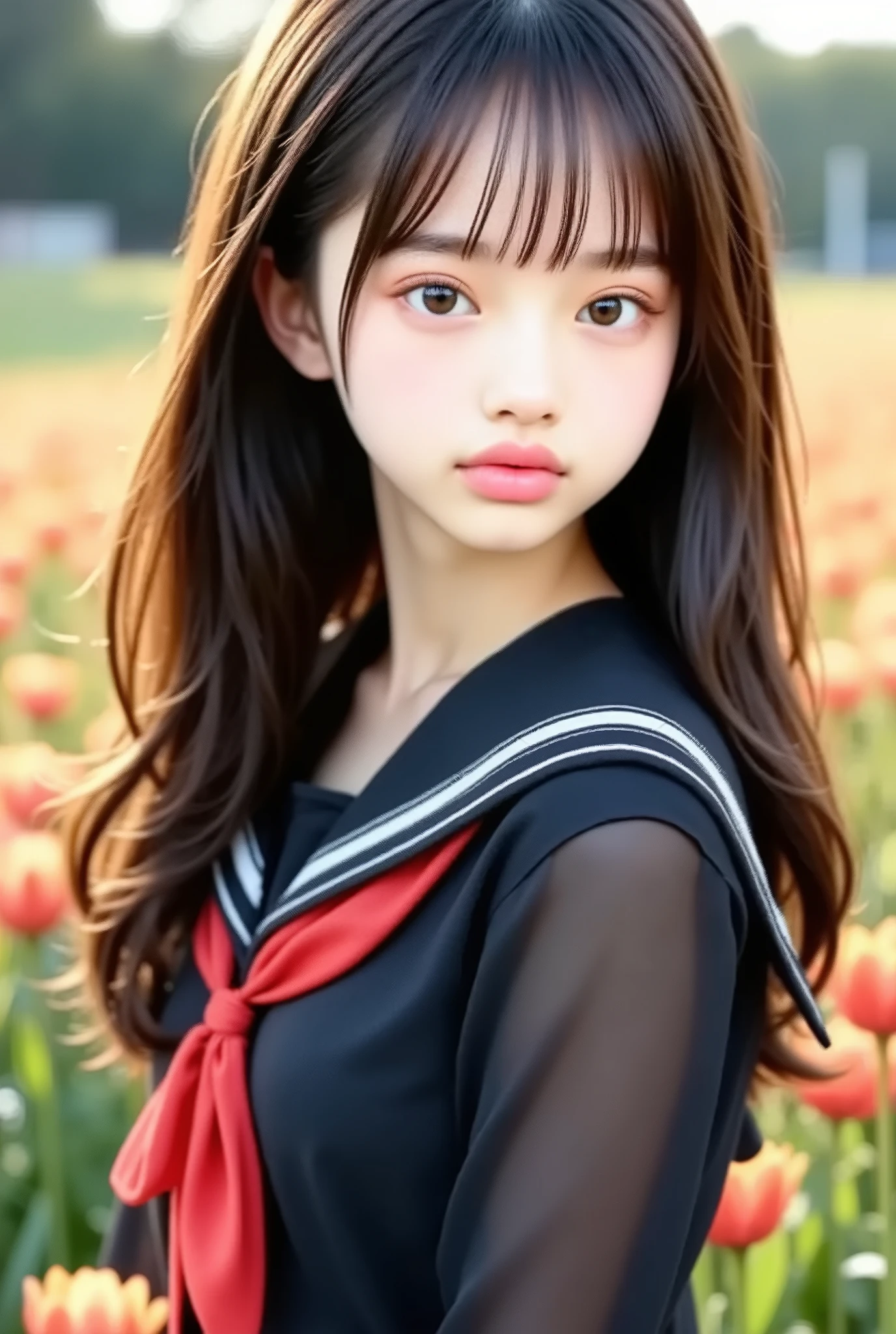 (8k、Original photo、of the highest quality、masterpiece:1 . 2)、(Realistic、photorealistic:1 . 37)、super precise、ultra high definition、1 girl、take a look at people who see、beautiful, detailed faces on the way to work、Smile Yan、contest、(narrow waist) :1 . 3)、beautiful detailed skin、skin texture、Floating Hair、professional lighting、Human body、long hair at Boro-Yado、Blonde、Japanese High School Uniforms、Sailor suit 、matriculation、、bob hair、E cup、幸せなSmile Yan、16 years old、red ribbon on the embankment、Baby Face、子供っぽいSmile Yan、suppin、Moisturizing Lip、Thin Pink Lips、Flower field
