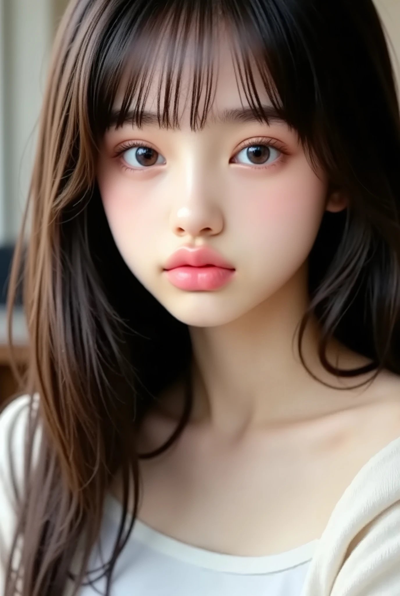 MATCHIUT PEACE , Highest Quality , 8k , 1 girl , 20th Generation , open my mouth slightly , A dumbfounded look , close-up , 顔のclose-up , solo , cute , girly placed on a desk , Delicate Girl , Pretty Clean Beauty , Original photo , professional photo , portrait , Soft Light , professional lighting , backlighting , Expect Your Eyes , sophisticated design , film grain , (with eye and face details:1 . 0) , medium length floating hair , beautiful flowing hair ,
