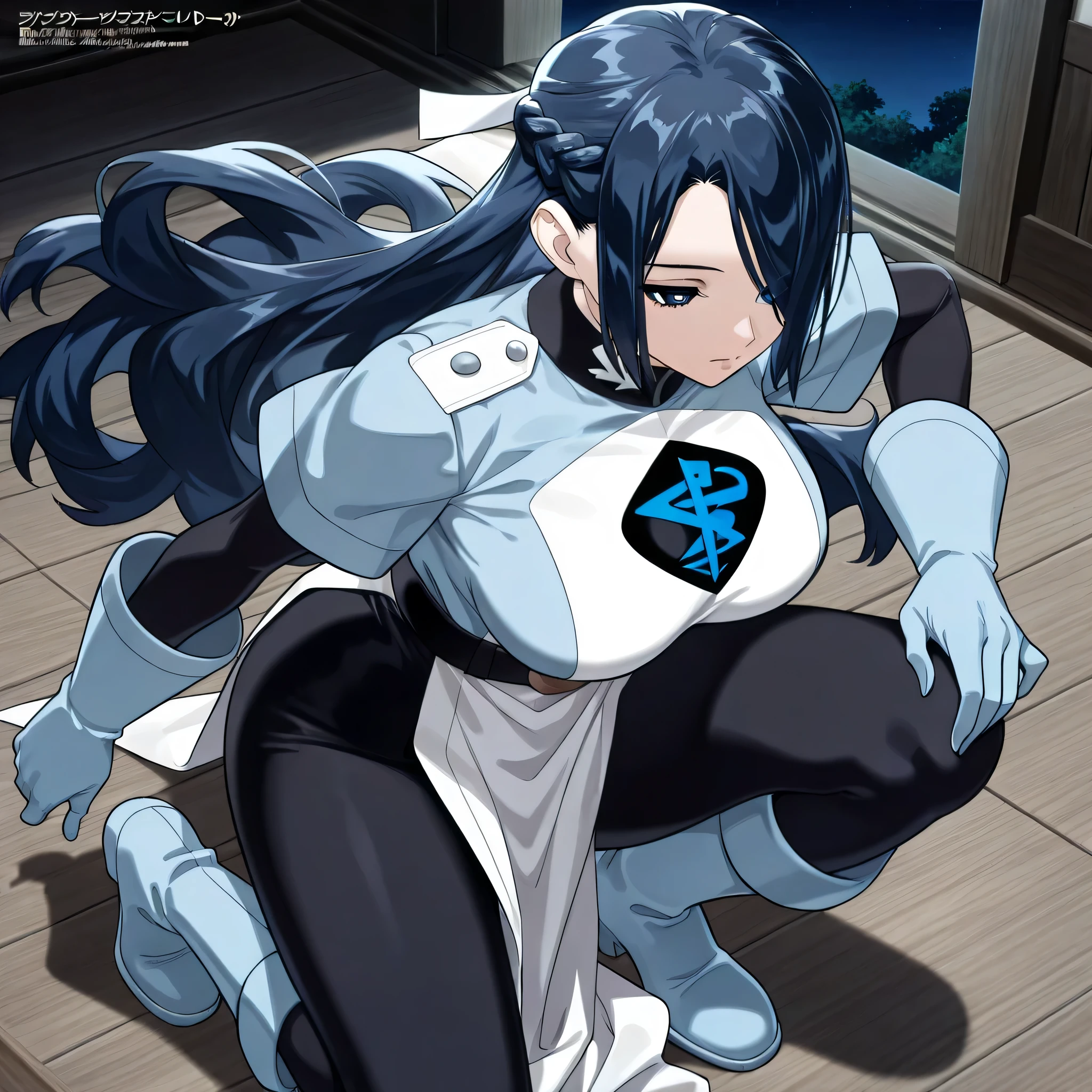 (((Masterpiece))), (((Best Quality))), ((Super Detail)), ultra-High resolution, score_9,score_8_up,score_7_up,score_6_up,score_5_up,score_4_up, BREAK, source_anime, anime screencap, uncensored, Masterpiece, (absurdres), (detailed background), (very aesthetic), detailed beautiful eyes, outstanding, an exquisite animation illustration, curvy, highres, dark persona, hood, hood up, bodysuit under clothes, black bodysuit, light blue surcoat, light blue shirt, short sleeves, black sash, light blue gloves, light blue boots, (((solo, 1girl))), hair ornament, seductive pose, submissive pose, anime style, anime coloring, animification, megami magazine, sexy pose, Fubuki Azuma, fubuki azuma, long dark blue hair, single braid, white ribbon in hair, left eye covered, dark blue eyes, white pupils, large breasts, wide hips, mature woman, looknig ahead, expressionless, emotionless, kneeling, on one knee, arm on knee, looking from above, view from above, from above, night, dark theme, indoor, horror theme, japanese architecture, 