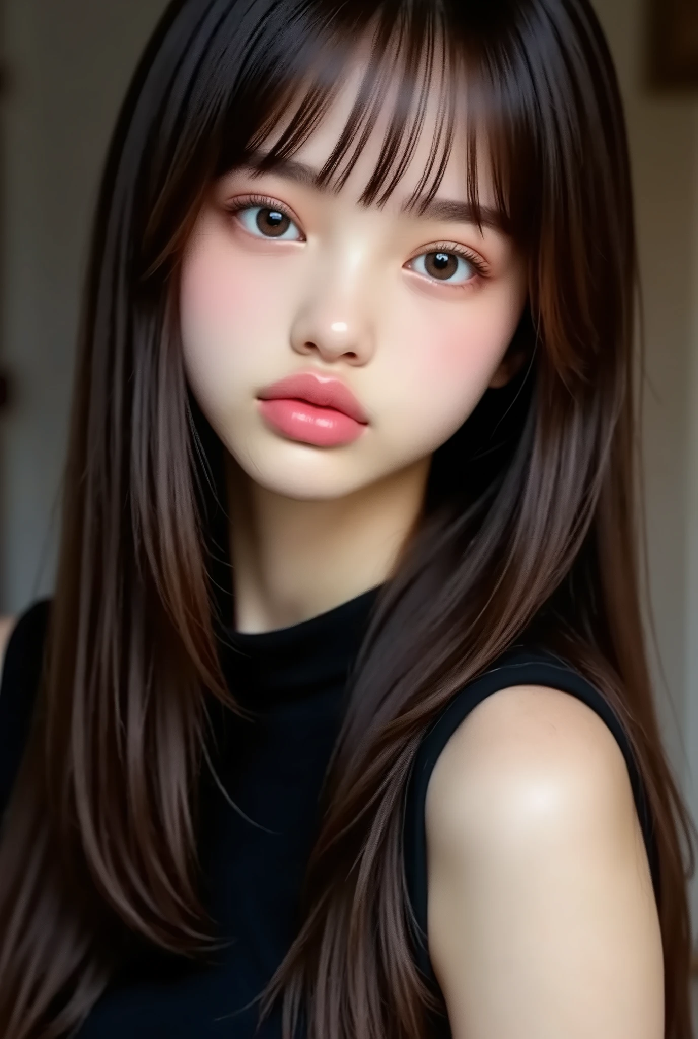 漂亮女孩 脸部拍照 棕色long hair at Boro-Yado女子的特寫( perfect  ) face close-up . detailed face . Realistic Eyes . Extremely Rich Details of Face and Eyes . detailed skin . 、Delicate skin texture smile , long hair at Boro-Yado , Black Vest Straight Hair , 4-6 Point Oblique Bang , deep shadow background , black soft lighting , Professional photographer master' ; Artwork by , texture , complicated , wearing pink baggy t-shirt clear , High Quality Masterpiece ， Extremely complicated and exquisitely detailed , super detailed , super detailed digital art
