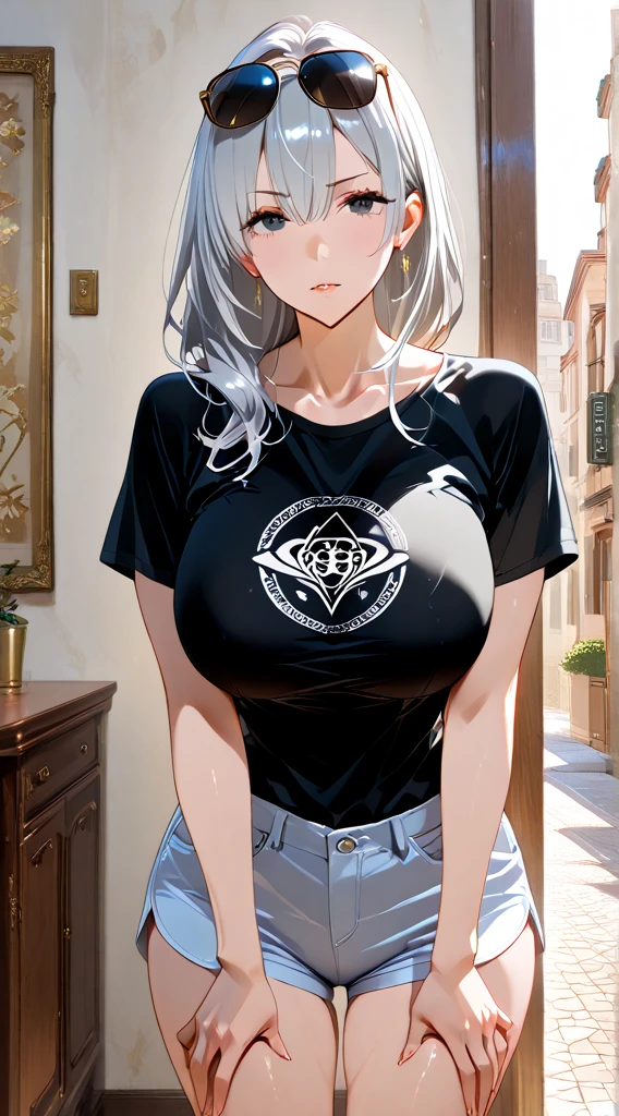 1girl, solo, long hair, looking at viewer, blue eyes, nervous, large breast, thick thighs, beautiful face, beautiful eyes, black tank top, brown shorts, white hair, ponytail, parted lips, passage way, standing,