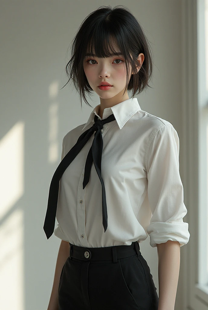 1 girl，solo，Bangs，blue eyes，skirt，brown hair，shirt，long sleeves，sitting，Printed pantyhose，tie，Glasses，有领shirt，belt，，黑色skirt，bun，nail polish，uniform，black pantyhose，Chair，单bun，蓝色shirt，Red nails，黑色tie，pencil skirt，pocket，黑色belt，brown pantyhose，Chest pocket，police，policeuniform，女police，360 degree holography，lean forward，Face close to camera，AR convex lens，3D effect，three-dimensional sense，Fantasy，dream，ultra wide angle lens，Projected lights，The limbs support the ground，Lying down starting position ，Four sided lens