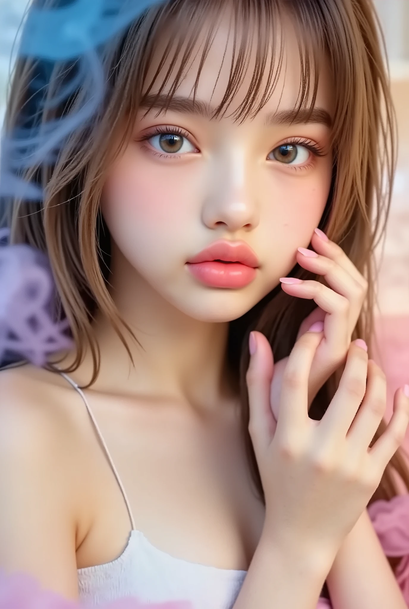 8k , masterpiece , Highest Quality , close-up , Slightly lower angle . young woman , bright skin , blonde hair , up hair . Pale Pink shirt , white top . soft , Dramatic Makeup  . Graceful Poses , hands close to face . pastel smoke , Orange on the back , Pink , Blue , banknotes around purple background . dreamy ,  ether , High Fashion .
