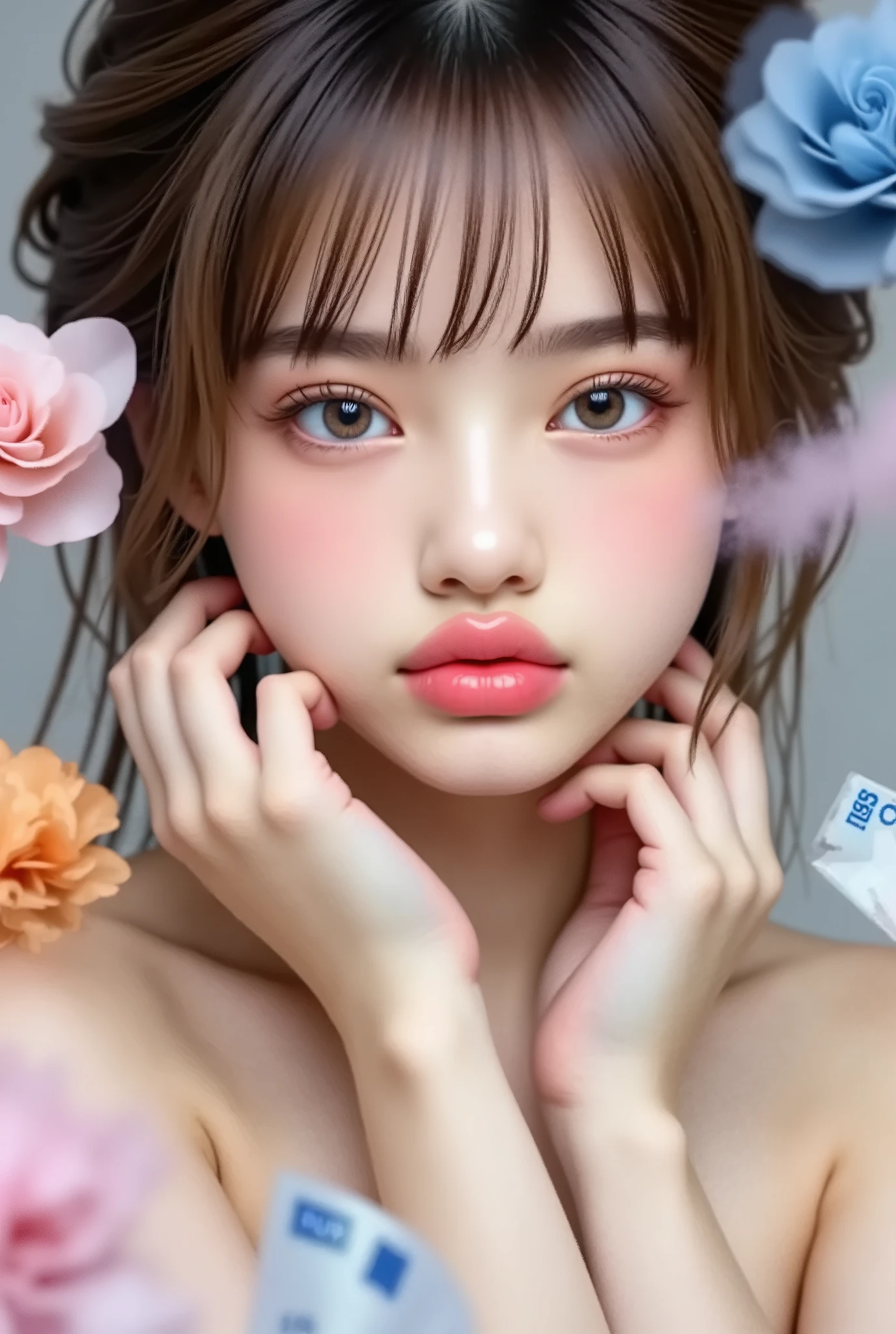 8k , masterpiece , Highest Quality , close-up , Slightly lower angle . young woman , bright skin , blonde hair , up hair . Pale Pink shirt , white top . soft , Dramatic Makeup . Graceful Poses , hands close to face . pastel smoke , Orange on the back , Pink , Blue , banknotes around purple background . dreamy , ether , High Fashion .