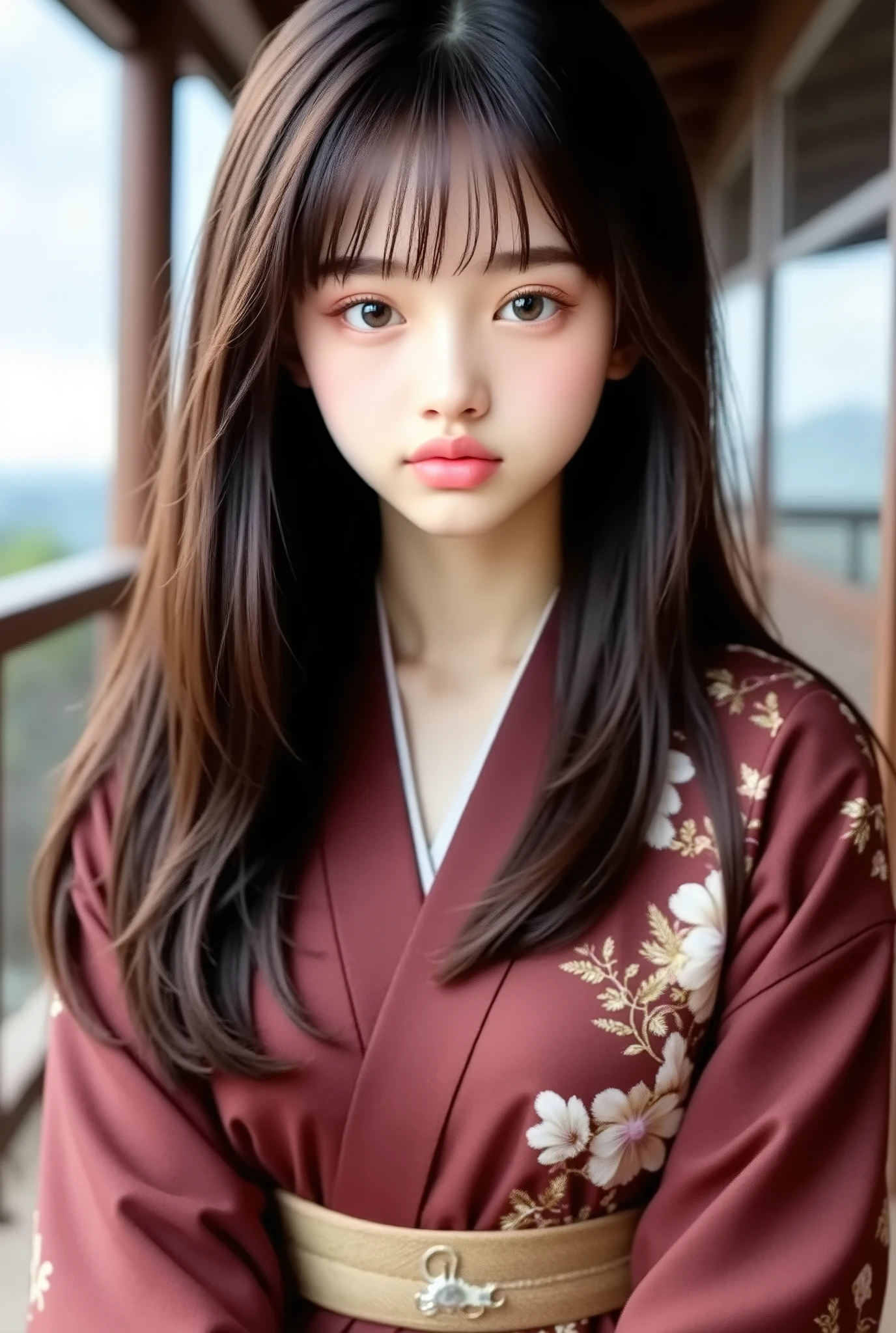 (Kimono)、(Highest Quality , masterpiece:1 . 3 , ultra high definition , ) , (Super Detailed , caustics) , (Photorealistic:1 . 4 , RAW shooting , )Ultra-realistic depiction , very detailed , High resolution 16K resolution、Suitable for human skin、 Natural Skin Texture、、skin tone looks even and healthy、 use natural light and natural colors , one woman , Japanese ,, cute , maroon hair , middle hair , (letter border depth、 Color Difference、、Wide range of lighting、Natural Shading、)(Hair Swaying in the Wind:1 . 2)、under a beautiful sky on the bench
