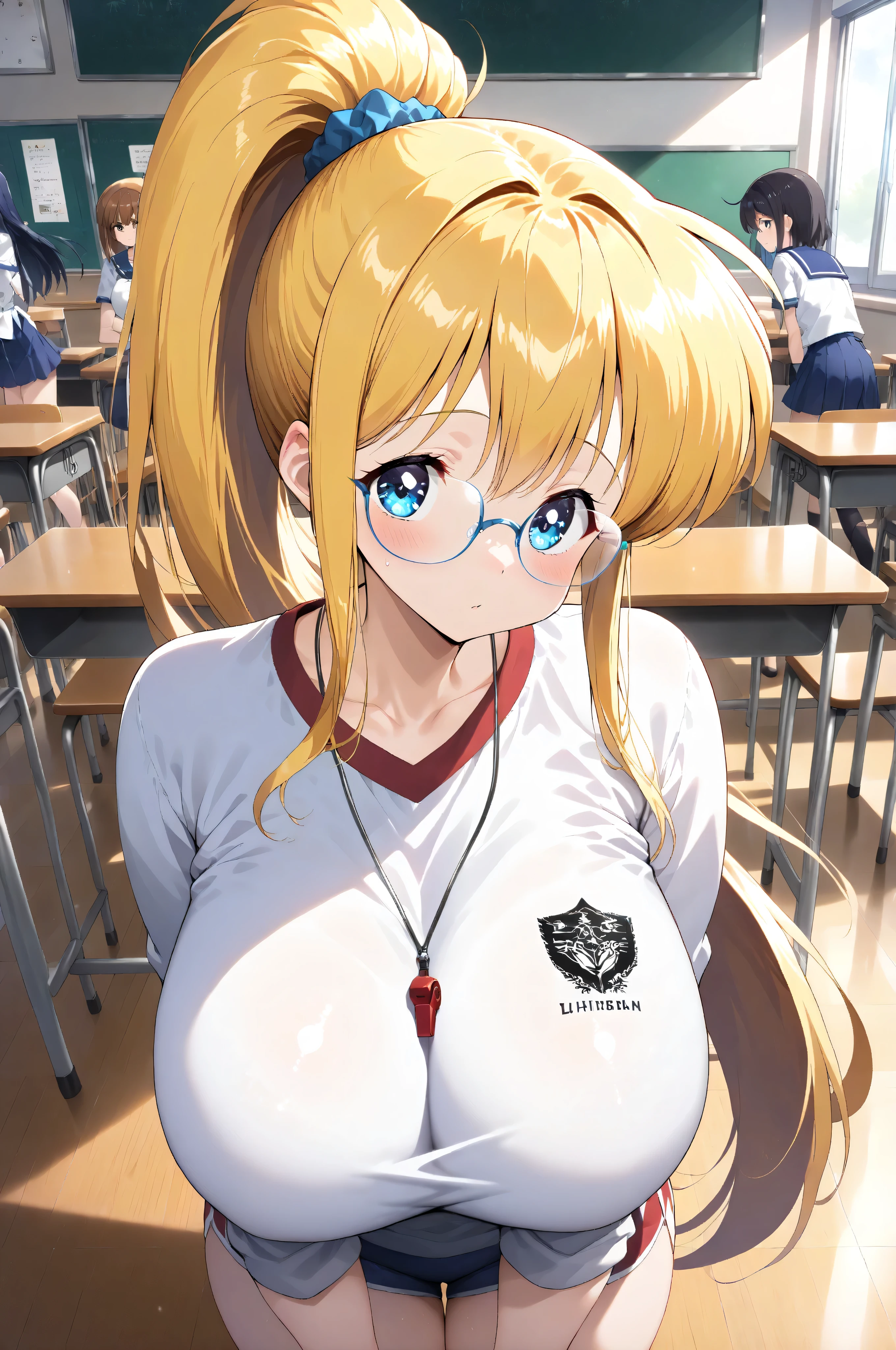 (masterpiece,Highest Quality:1.4),,,beautiful shadows, luna Sensei, runa,yellow hair,Yellow Extra Long Ponytail，White Jersey Setup，Physical Education Class Instruction，Multiple Elementary School Students Taking Physical Education Classes，Gently Watching Over Students，gentle gaze，White Jersey Setup，Whistle Around Your Neck ，blue eyes，detailed eyes，Round Metal-Framed Glasses，Very Big Saggy Breasts，full body