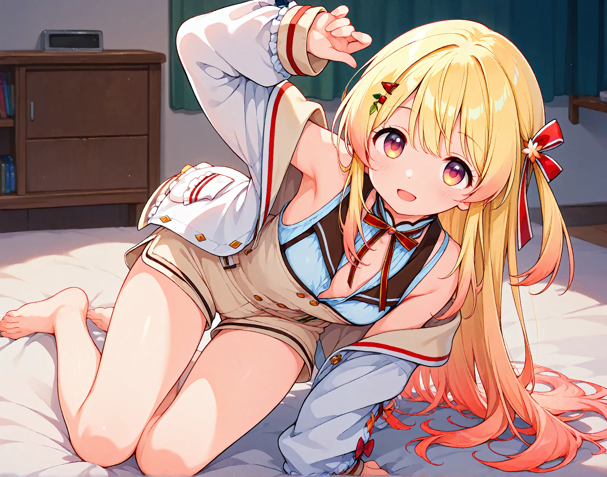 (masterpiece), (Highest quality), (Super detailed), ((Very delicate and beautiful)), One girl, 独奏, Satsuki, Blonde, Black Sailor Suit, White neckerchief, Crescent Pin, (very long hair), smile, Flat Chest, belt, Black Skirt, Open your mouth, Sitting, on bed, indoors, Detailed iris, young, (Skirt Lift), (panties),(panties), (Sports Bra), (In underwear), (Flashy underwear), (lingerie) ,((nsfw))
