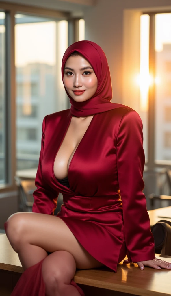 (4k, highres, masterpiece:1.2), ultra-detailed, (realistic:1.37), professional, portrait, Arabian, model, hijab, photo studio, romantic background, beauty, body, big breast, sexy, dress, uniform, cosplay, student, patung dress, sensual pose, open legs, smile, vivid colors, Bokeh, soft lighting
