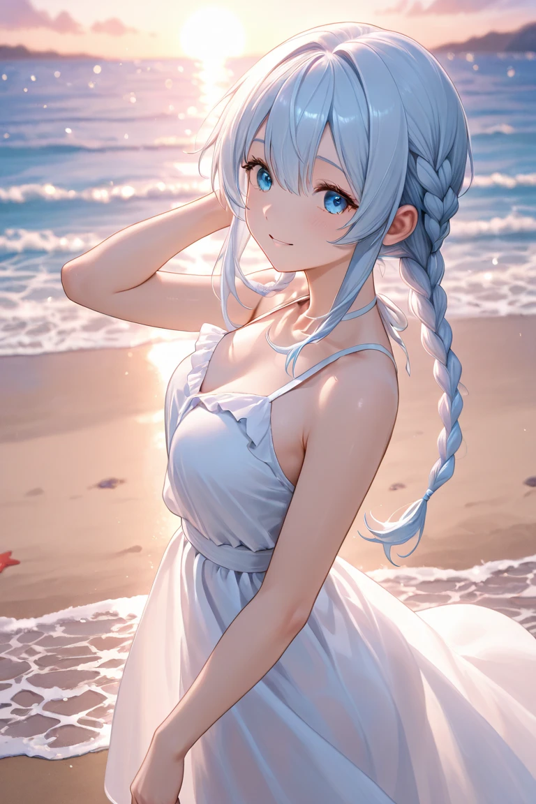 best quality, masterpiece, , ,short, huge breasts, white hair,low twintails, purple eyes, yukine chris, thin twintails,, beach, sea, white dress, white skirt, white one-piece, straw hat,  (((shy))), (happy), leaning forward, summer, from above, reaching out, smiling,