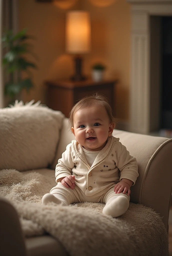 Create a UHD photorealistic image of a 13-month-old girl named Ariane, sitting among family photos in a warm, loving home environment. Captured with a 50mm f/1.8 lens to emphasize the warmth and connection of the setting. Ensure exactly five fingers, no 3D style image, no animation style, no Pixar style animation.