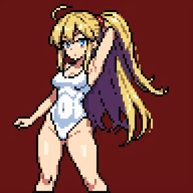 devil,barefoot,{{lift one leg}},{{very muscular}},{{very gigantic breasts}} ,{{very curvy}} , ,masterpiece , best quality , pixel art , 1 girl ,{full body}, voluptuous ,twintails,blonde hair ,white dress,white background