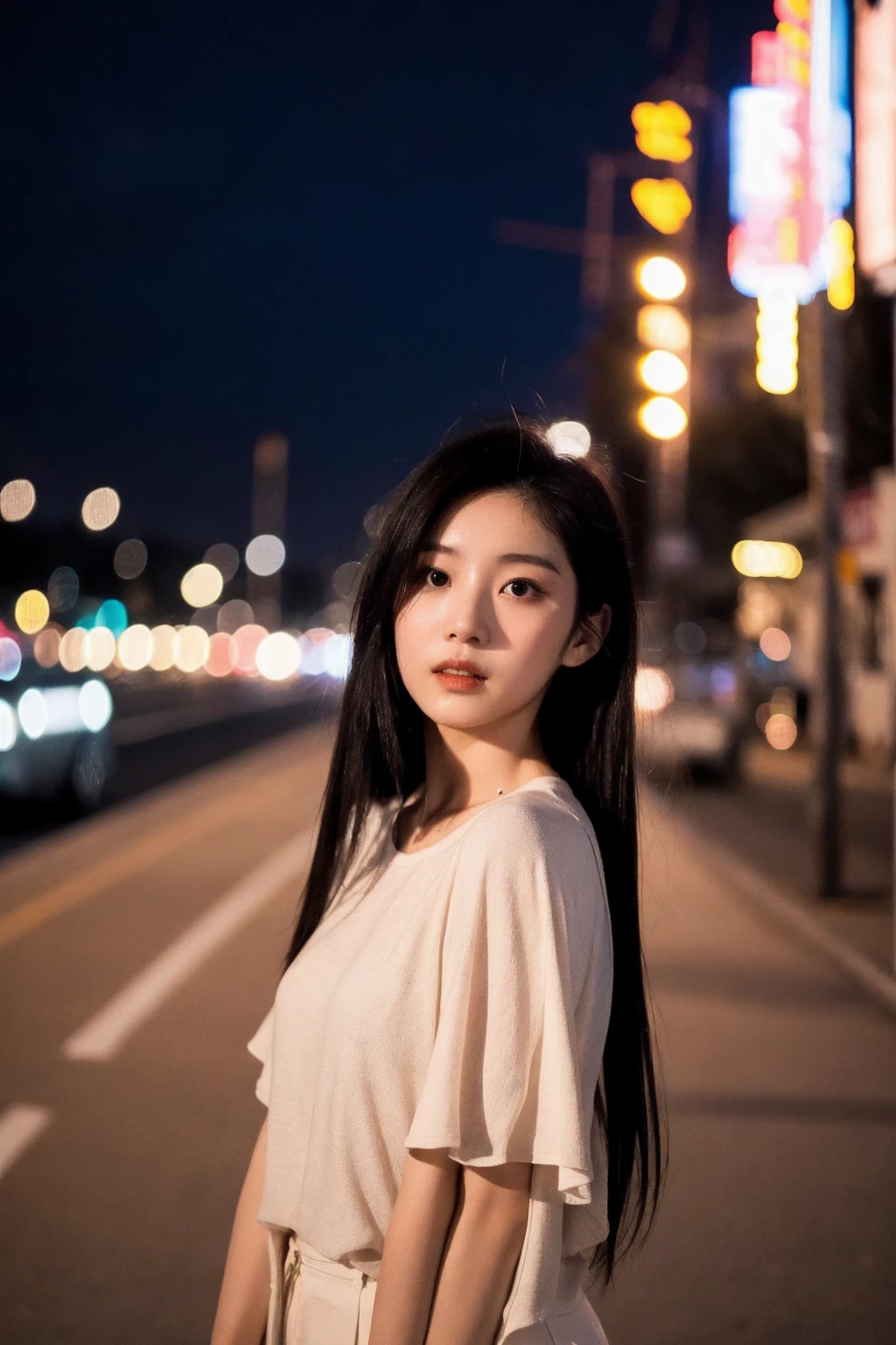 (Cinematic Aesthetic:1.4) Photo of a beautiful korean fashion model bokeh city night