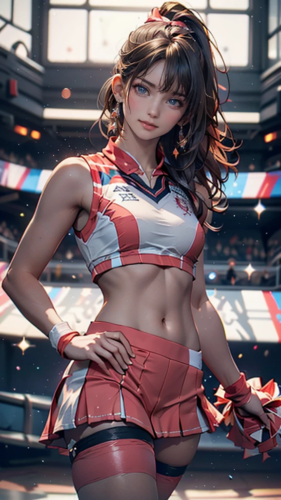 Cheerleader,A small smile,cheer leading,Cheerleader uniform, (((masterpiece))), (((Highest quality))), ((Very detailed)), (figure), ((Very delicate and beautiful)),(Bokeh,Blurred Background),(Best Shadow), One girl,White panties, Black Hair, Long Hair, cute,cute,change, Shining highlight spots around the eyes, Character Focus,Tilt your head,