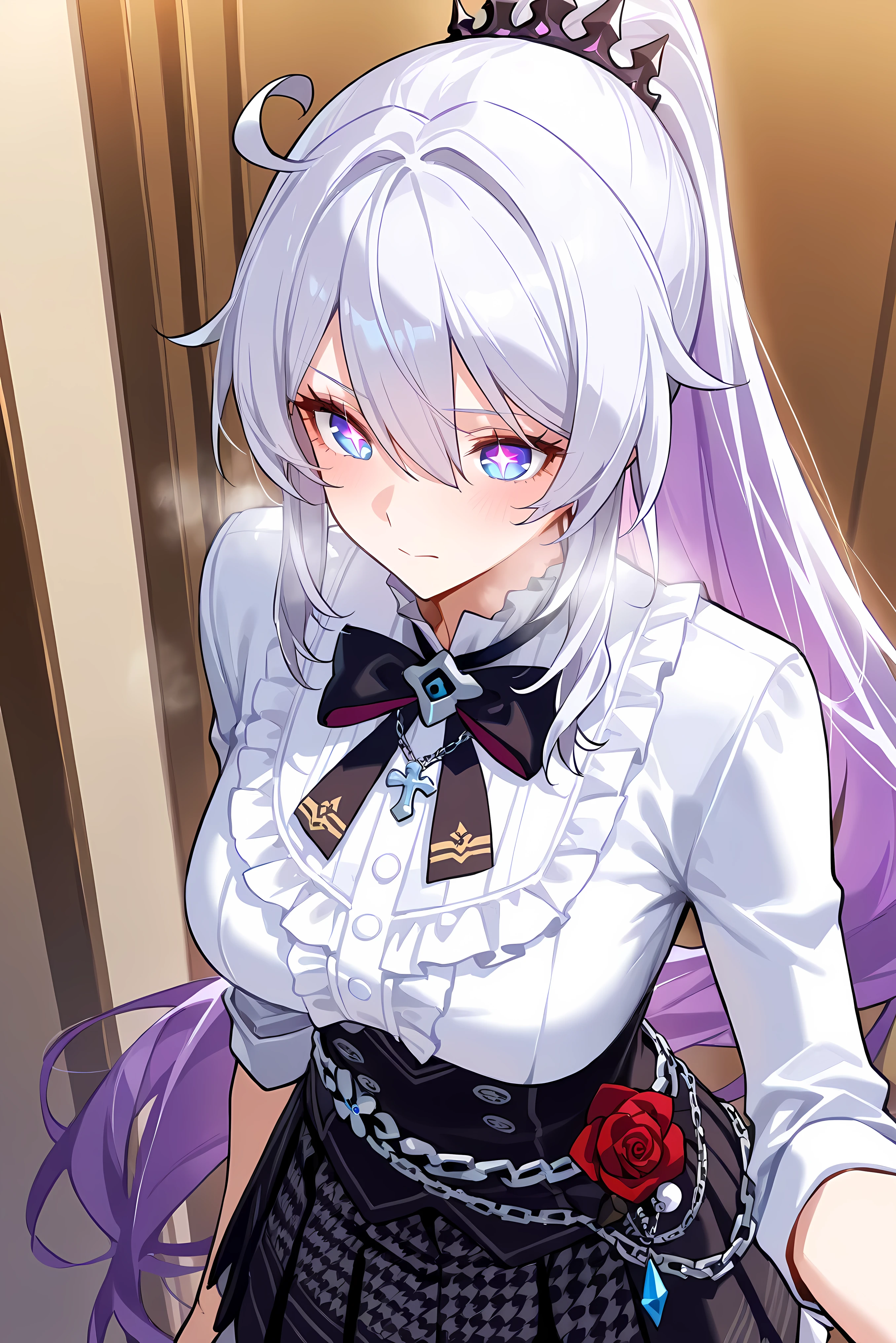 score_9, score_8_up, score_7_up, masterpiece, best quality, very aesthetic, absurdres, tunning image, attractive image, 1girl, adult grown woman, solo, kiana kaslana \(honkai impact 3rd\), herrscher of finality, white hair, ahego, high ponytail, long hair, blue eyes, purple pupils, symbol-shaped pupils, +_+, medium breasts, heavy breathing, closed mouth, masterpiece,best quality,amazing quality, ero404, alternate costume, gothic academy uniform, white blazer, embroidered red roses, houndstooth lapel, crimson ruffled blouse, black pleated skirt, gothic silver cross necklace, ornate chain belt, decorative red roses, dark aristocratic style, vintage charm, gothic lolita, fantasy school uniform, refined tailoring, dramatic elegance