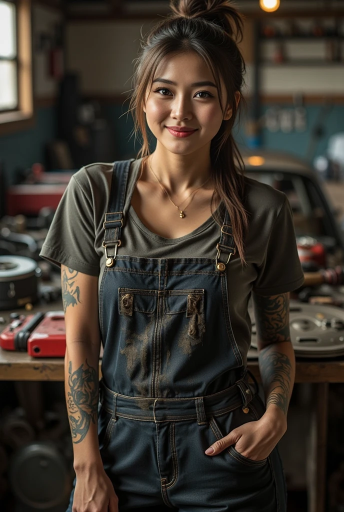 ((best quality)), ((masterpiece)), (detailed),japanese girl,  mesmerizing and alluring female mechanic covered in grease,Confident smile，Look into the camera，(Dirty and rugged body:1.2), (tough and confident demeanor:1.1), (mechanical expertise:1.3), ponytail hair, smudged face with a playful smirk, (zippered workpack coveralls:1.3) loose from her  body, ((  and abs):1.2), cluttered repair shop, scattered car parts, (authentic automotive ambiance:1.2), (inocent gaze:1.1), gripping a wrench in her dirty hands, 8k resolution,looking at another, looking away,(irezumi tattoo:1.2), masterpiece, best quality,Photorealistic, ultra-high resolution, photographic light