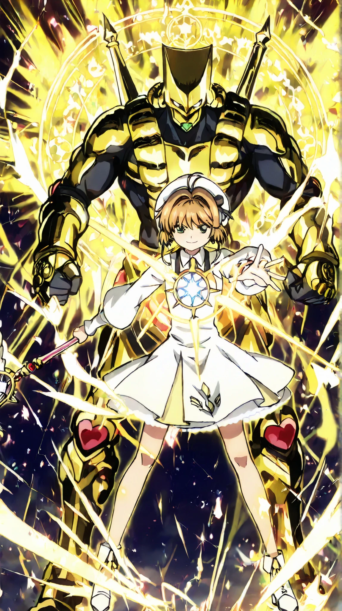 masterpiece, best quality, highly detailed illustration, epic, dramatic lighting,
Cardcaptor Sakura with her golden Stand, 'The World', manifested behind her.
Sakura and The World are perfectly synchronized in an iconic and intimidating DIO-like pose.
Sakura's expression is not her usual smile, but stern, defiant, and filled with the confidence of a powerful ruler.
An overwhelming golden aura erupts fiercely from them both, causing the surrounding space to slightly distort.
A massive, intricate pink magical circle glows at her feet, with particles of energy rising from it.
In her hand, she holds the Tarot-style Clow Card from which The World was summoned.