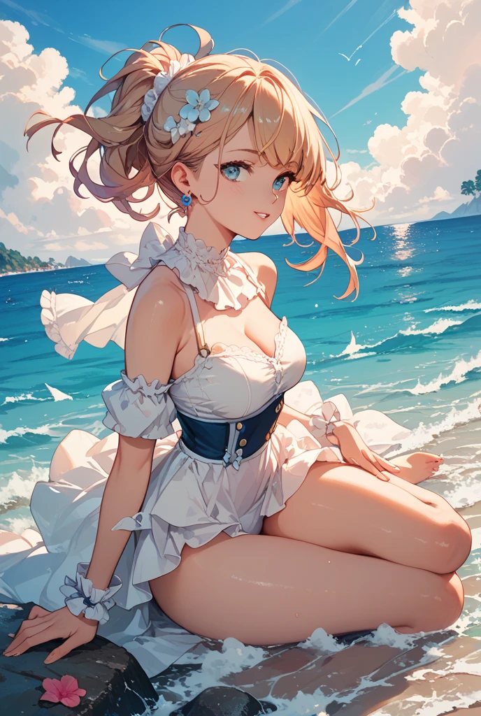 masterpiece, ultra-detailed, illustration, game cg, best quality, highres, kitagawa marin, 1girl, blonde hair, swept bangs, gradient hair, red eyes, glossy lips, (upset), large breasts, beach, (quicksand:1.3), strapless wedding dress, partially submerged, (skirt spread over the sand)